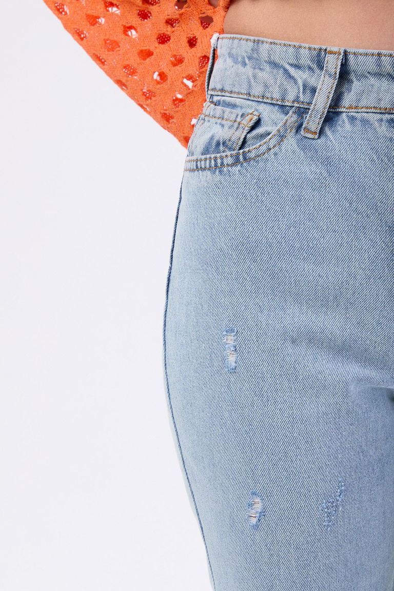 Mom Jeans Lazerli Kot Pantolon Buz Mavi Kar - 23810 - TOFİSA