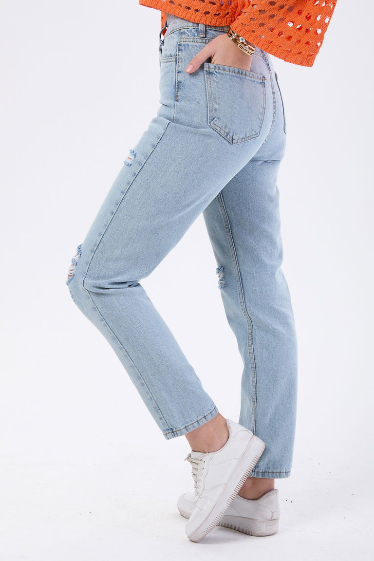 Mom Jeans Lazerli Kot Pantolon Buz Mavi Kar - 23810 - TOFİSA