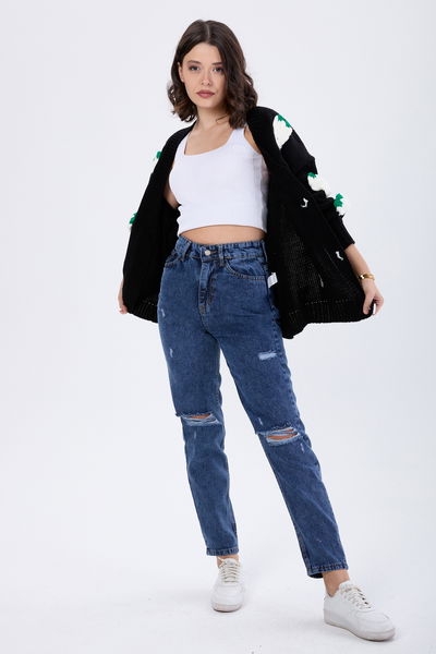 23810-KOYU-MAVI Mom Jeans Lazerli Kot Pantolon 