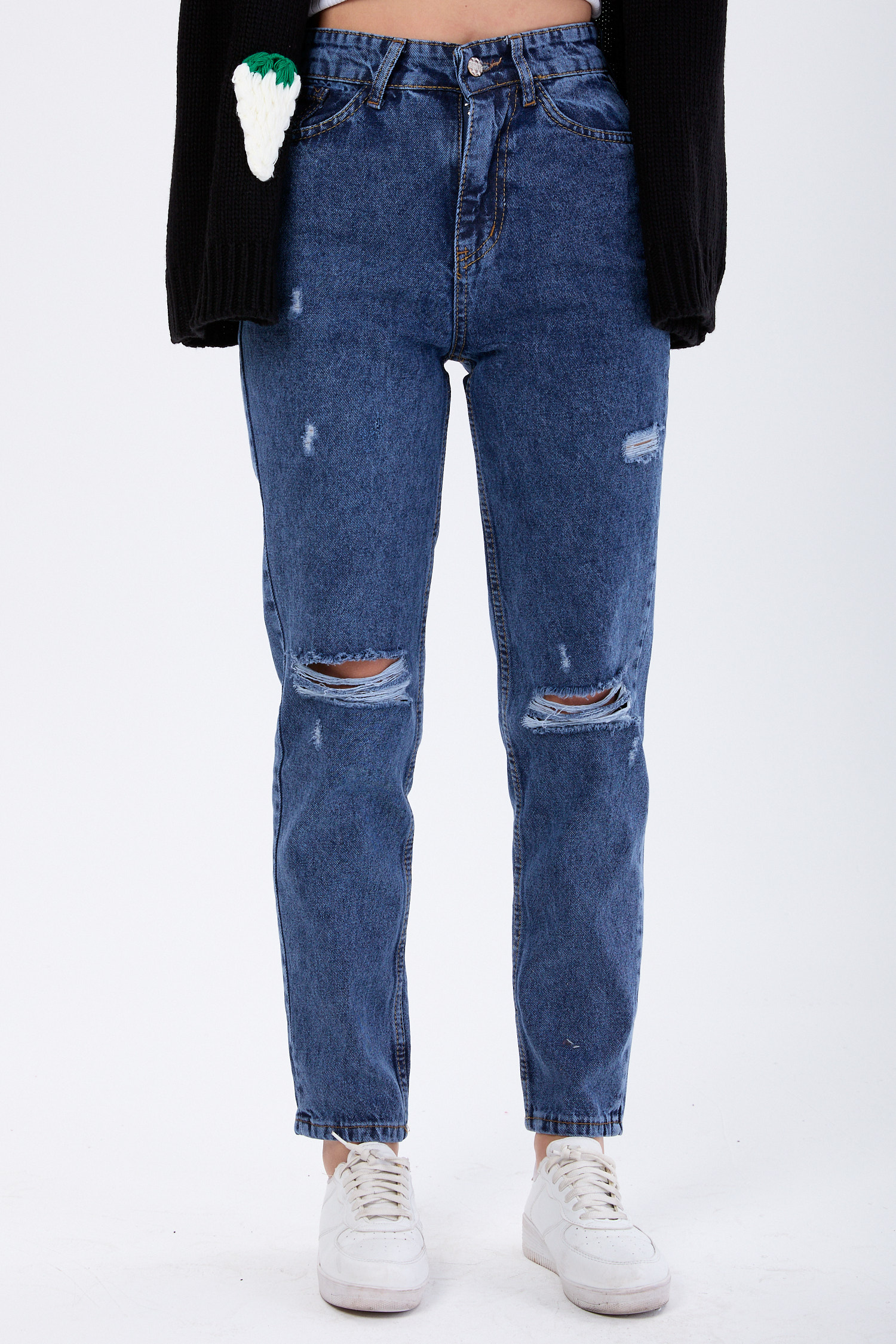 23810-KOYU-MAVI Mom Jeans Lazerli Kot Pantolon - 2