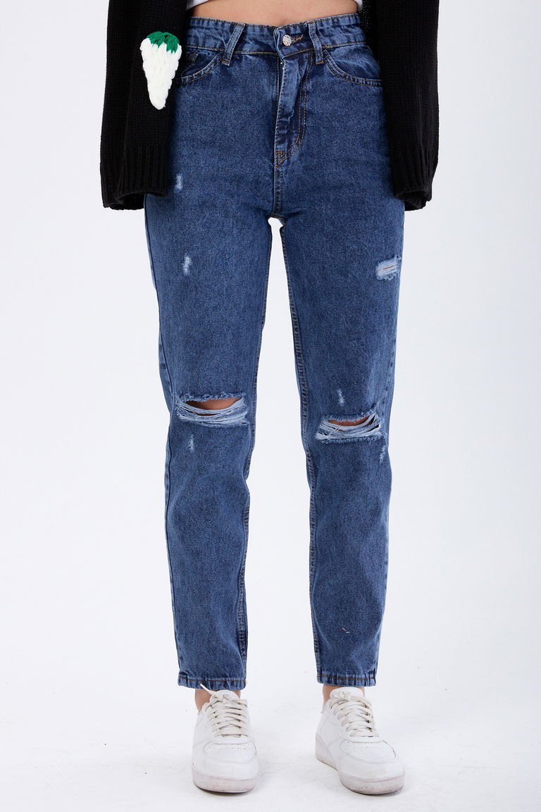 23810-KOYU-MAVI Mom Jeans Lazerli Kot Pantolon - TOFİSA