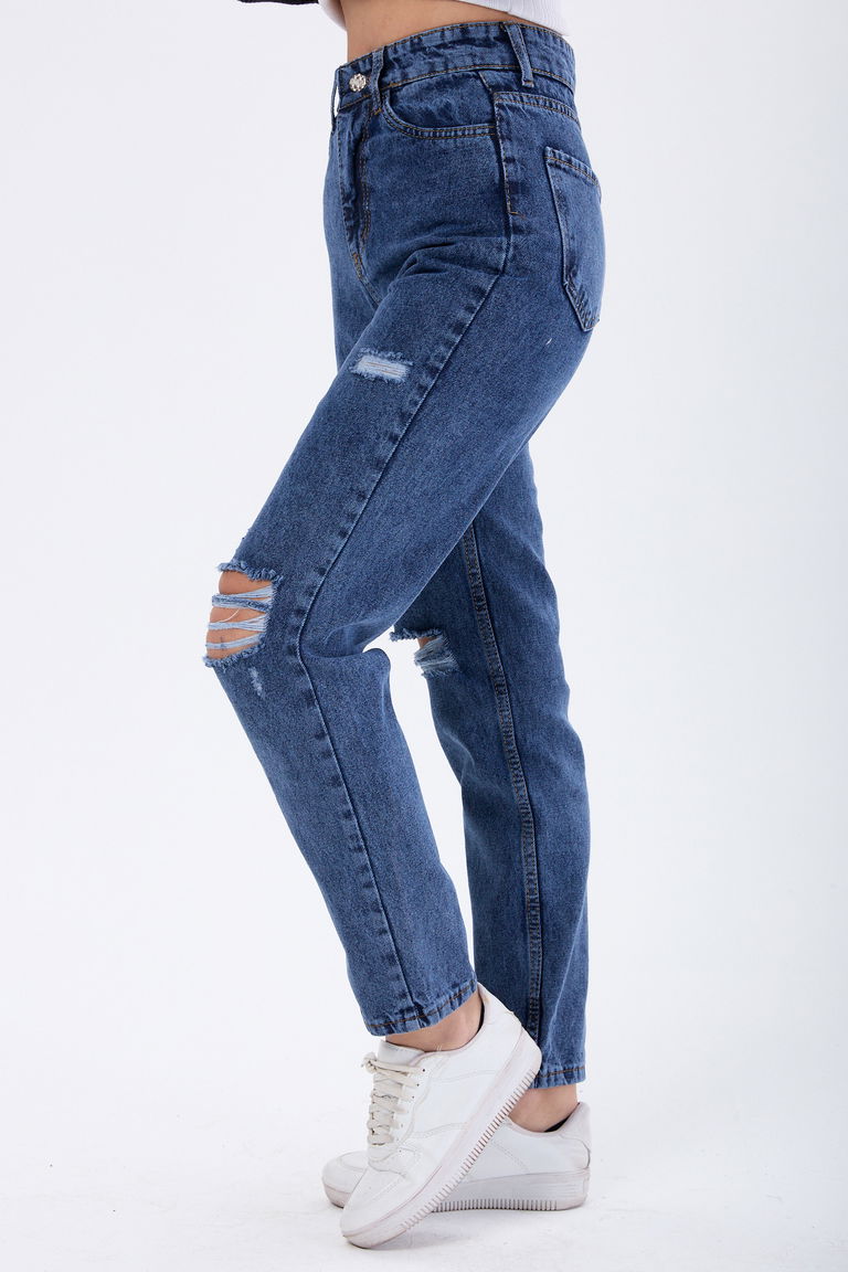 23810-KOYU-MAVI Mom Jeans Lazerli Kot Pantolon - TOFİSA