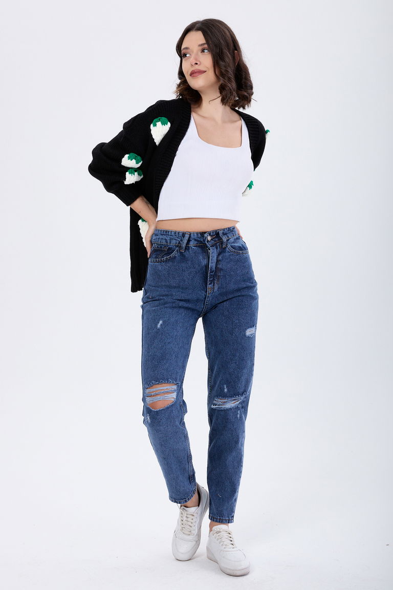 23810-KOYU-MAVI Mom Jeans Lazerli Kot Pantolon - TOFİSA