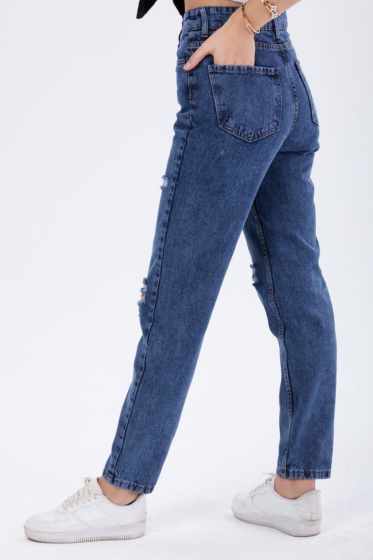 23810-KOYU-MAVI Mom Jeans Lazerli Kot Pantolon - TOFİSA