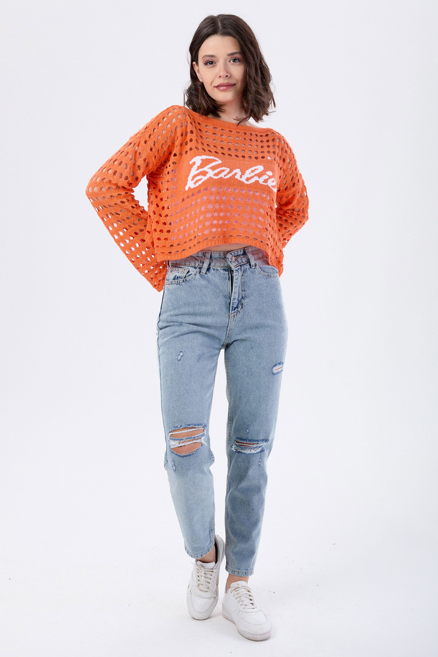 Mom Jeans Lazerli Kot Pantolon Mavi Kar Yikama - 23810 - 1