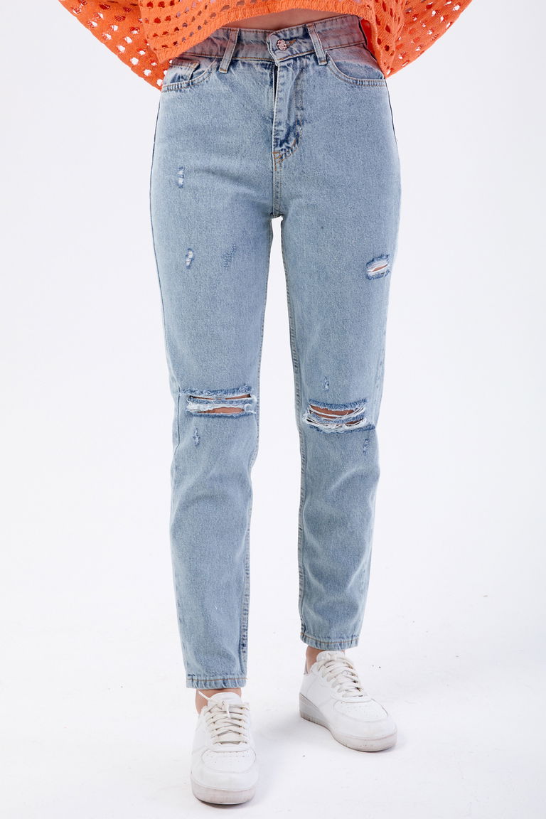 Mom Jeans Lazerli Kot Pantolon Mavi Kar Yikama - 23810 - TOFİSA