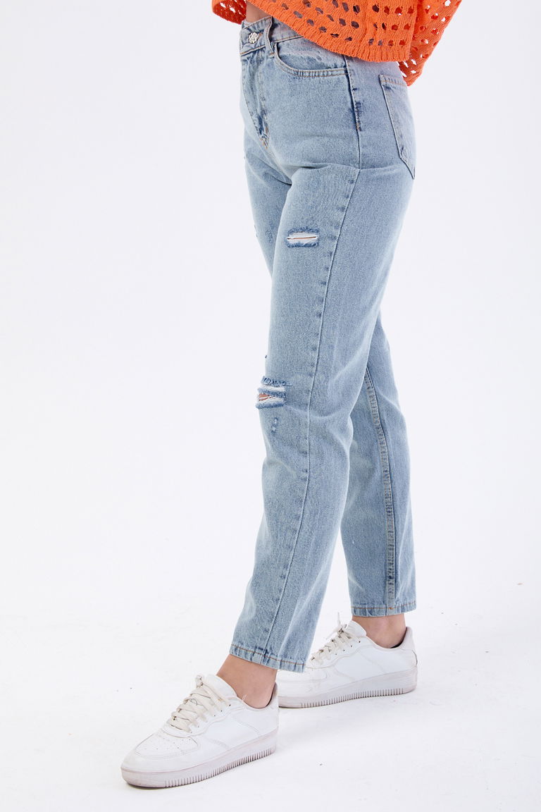 Mom Jeans Lazerli Kot Pantolon Mavi Kar Yikama - 23810 - TOFİSA