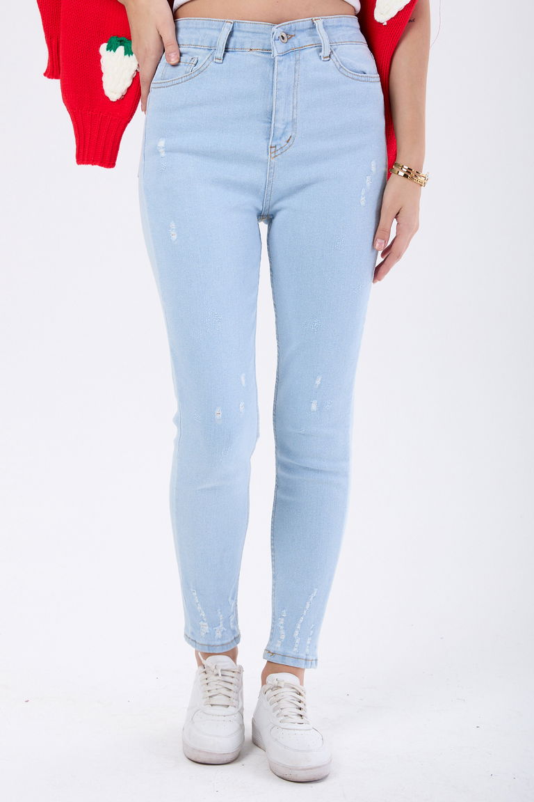 23811-BUZ-MAVI Skınny Likralı Lazerli Kot Pantolon - TOFİSA