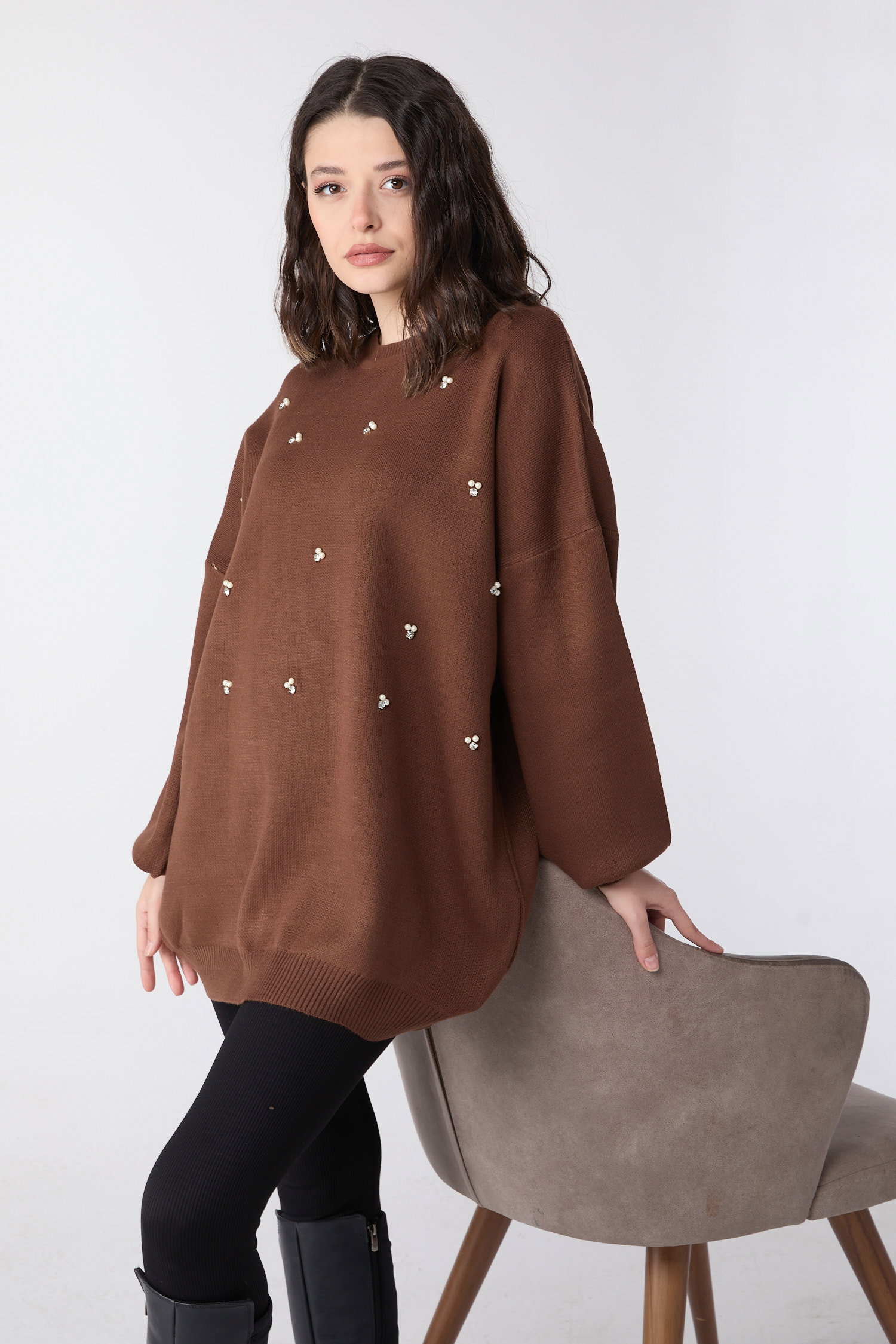 23870-KAHVE İnci Detaylı Triko Tunik - 1