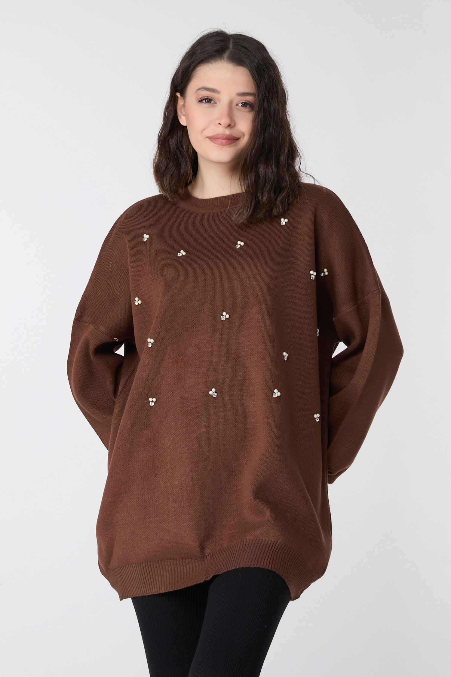 23870-KAHVE İnci Detaylı Triko Tunik - 2