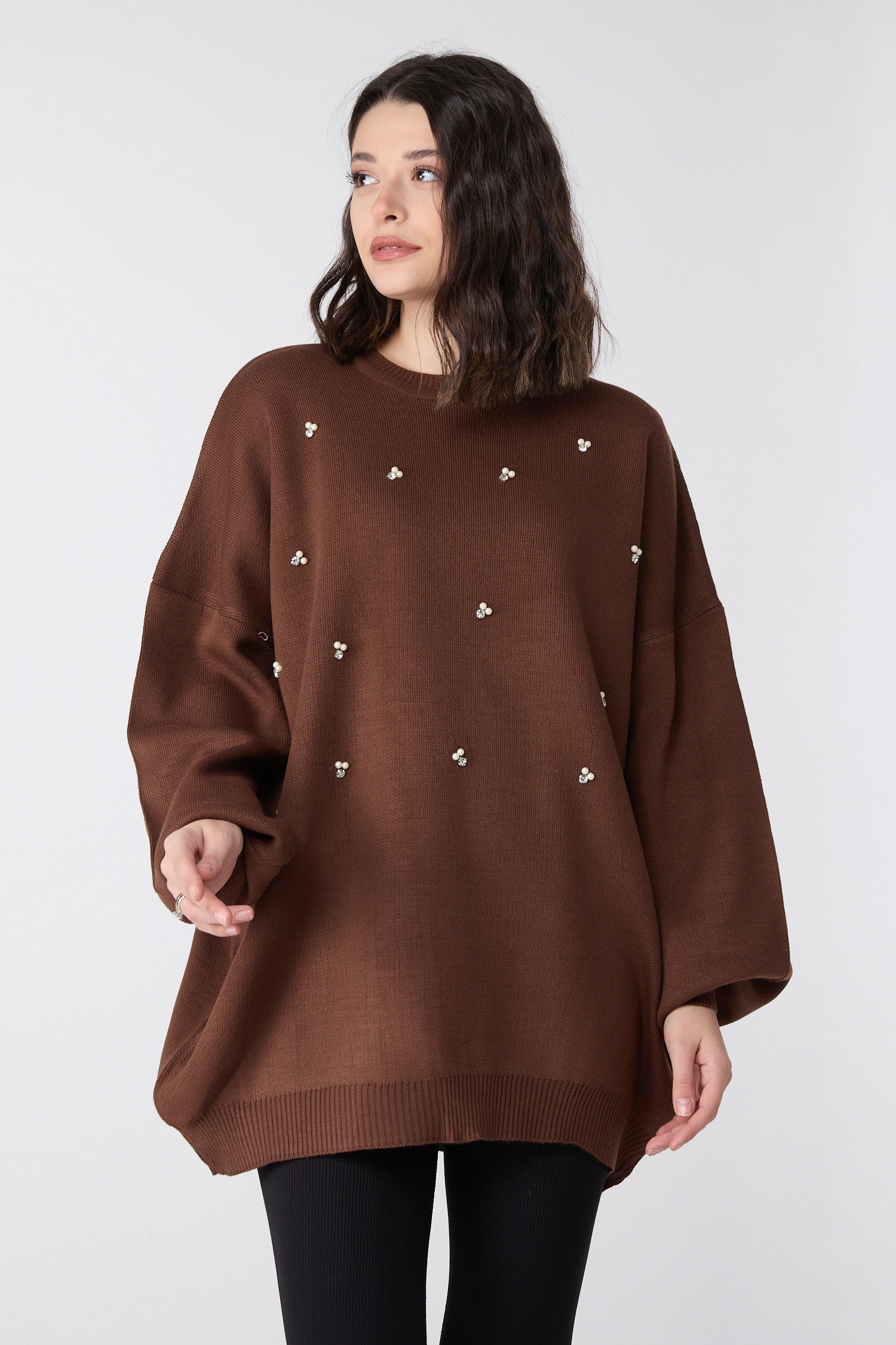 23870-KAHVE İnci Detaylı Triko Tunik - 3