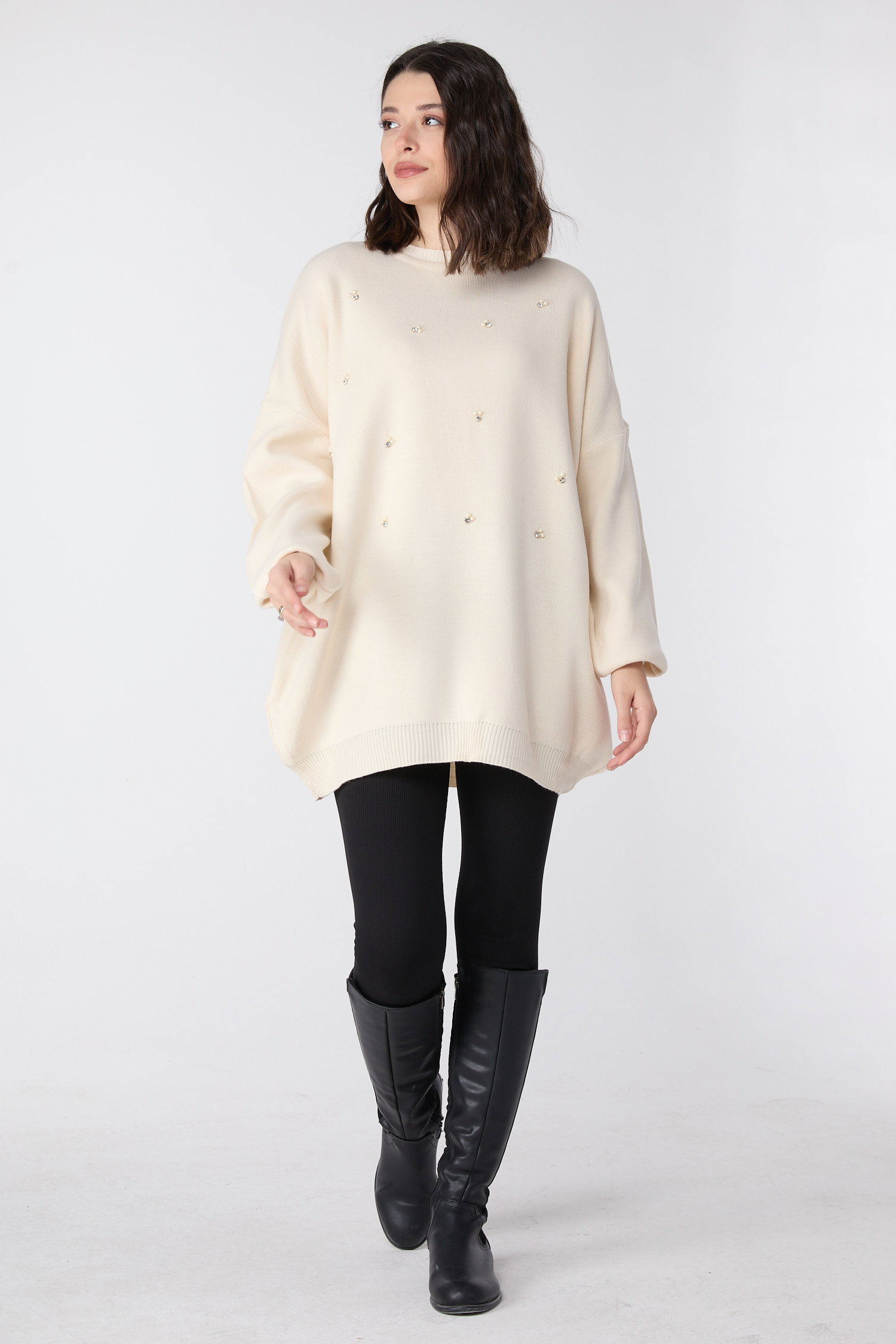 23870-KREM İnci Detaylı Triko Tunik - 1
