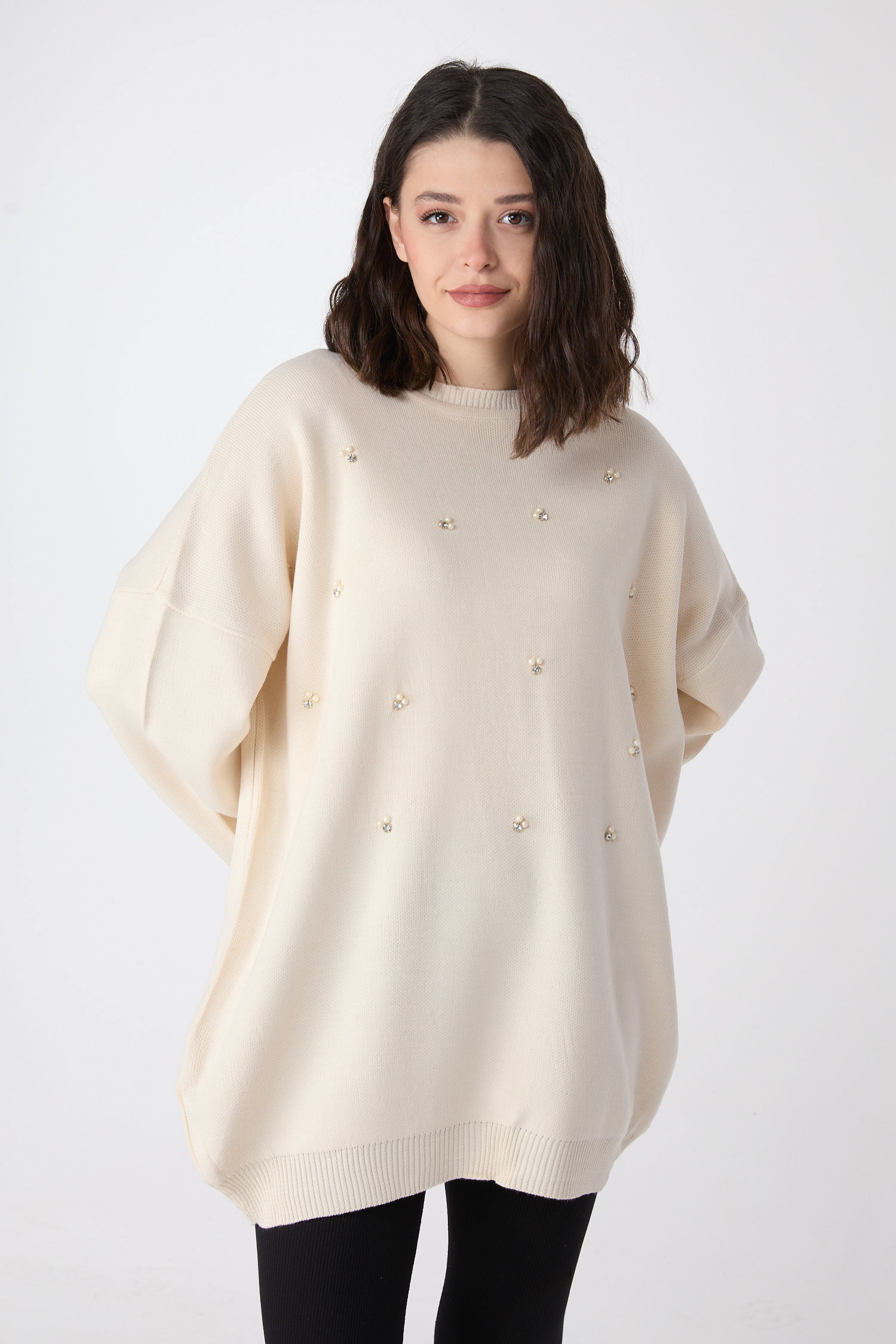 23870-KREM İnci Detaylı Triko Tunik - 2