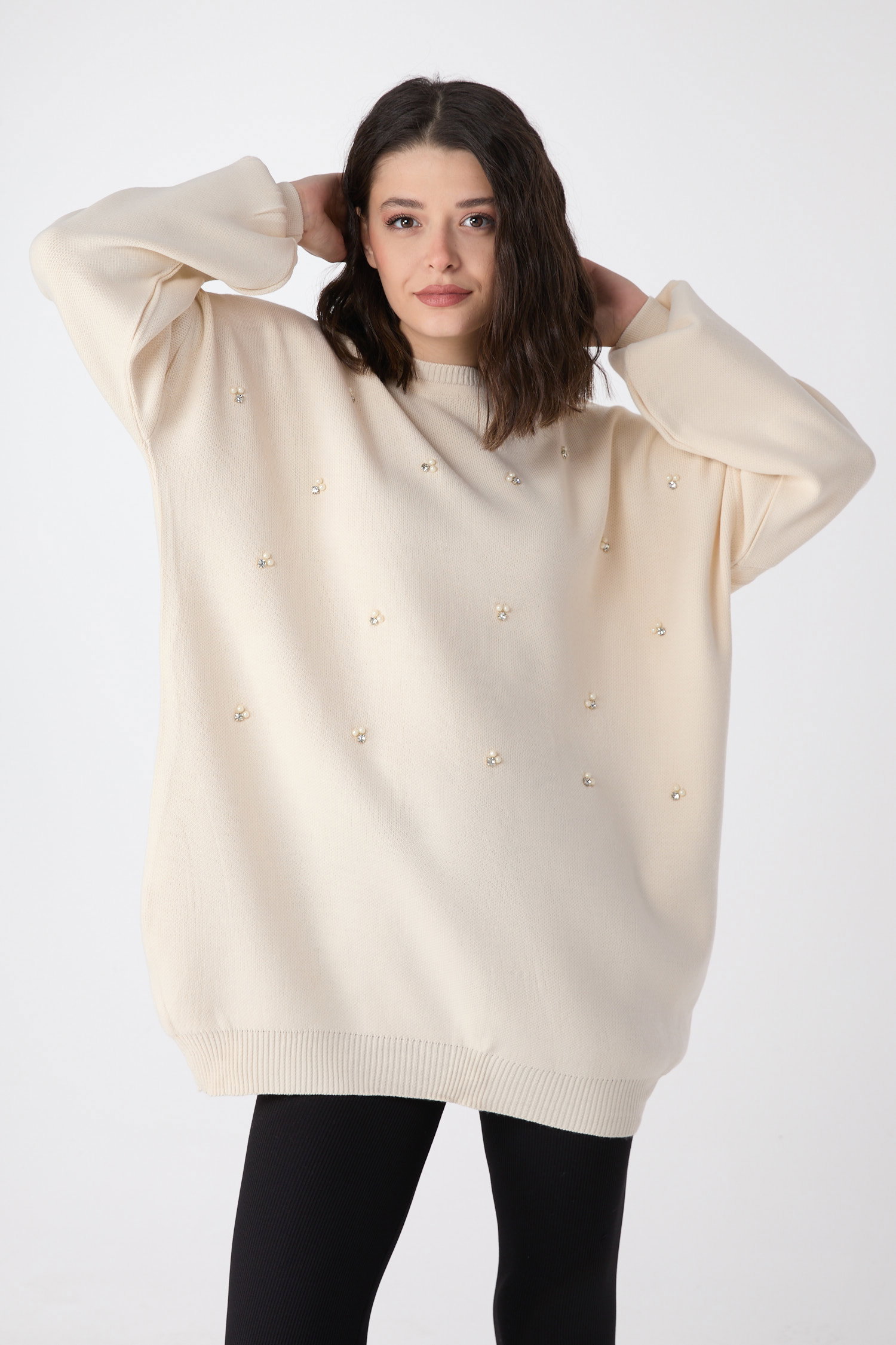 23870-KREM İnci Detaylı Triko Tunik - 3
