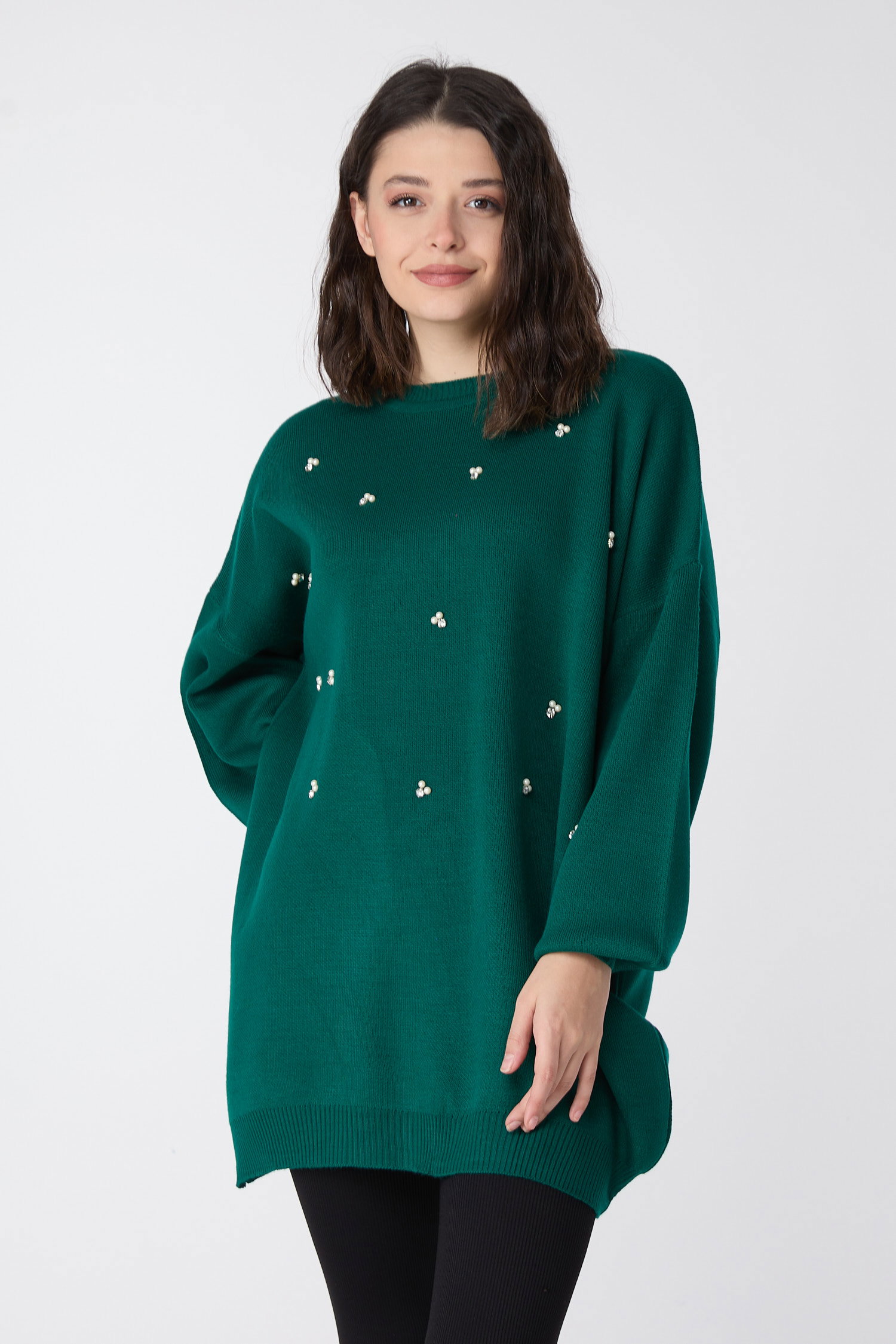 23870-ZUMRUT İnci Detaylı Triko Tunik - 1