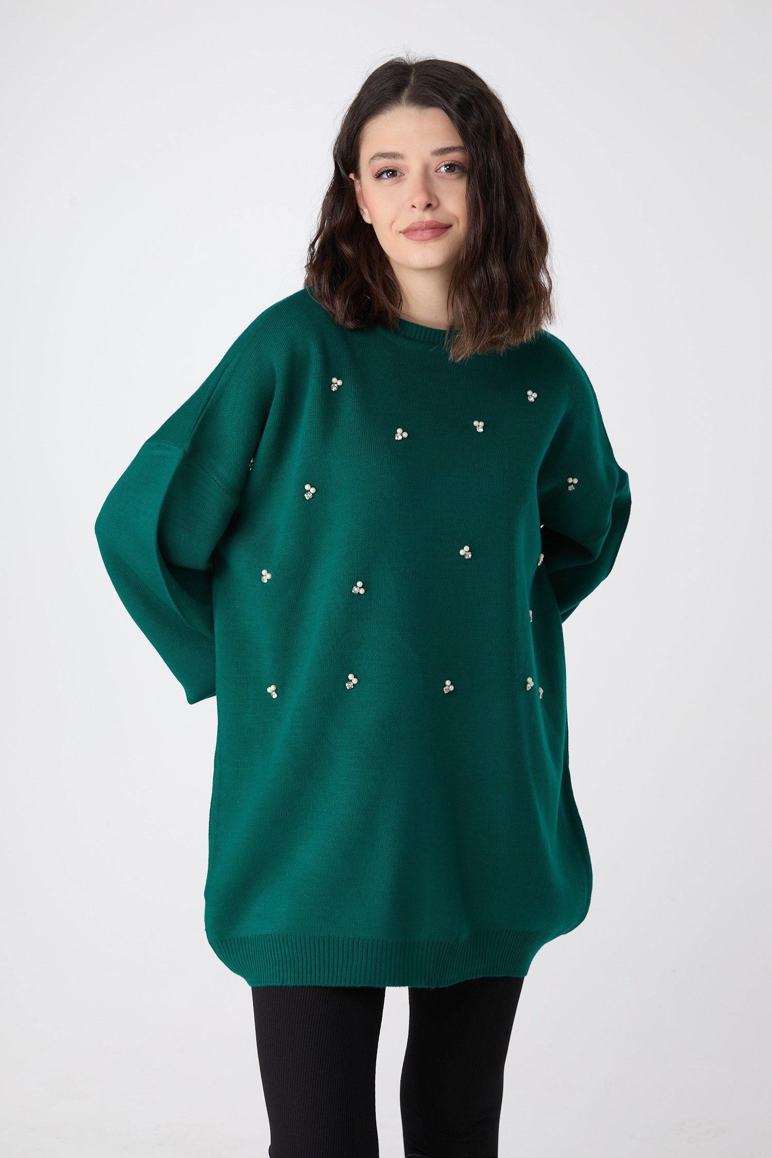23870-ZUMRUT İnci Detaylı Triko Tunik - 3