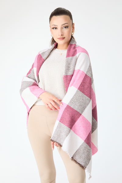 23884-BEYAZ-PEMBE Çift Taraflı Omuz Şalı 