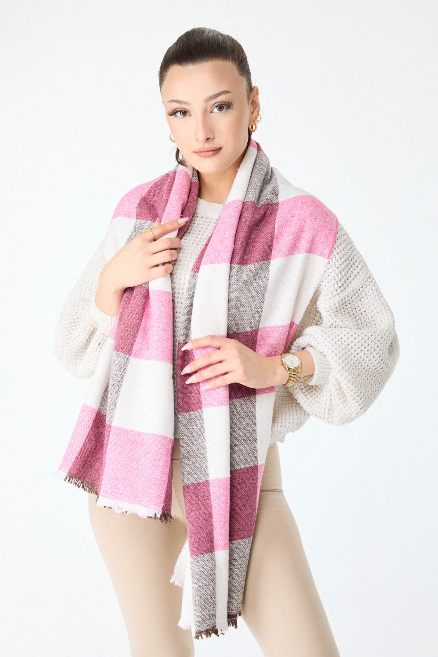 23884-BEYAZ-PEMBE Çift Taraflı Omuz Şalı - 2