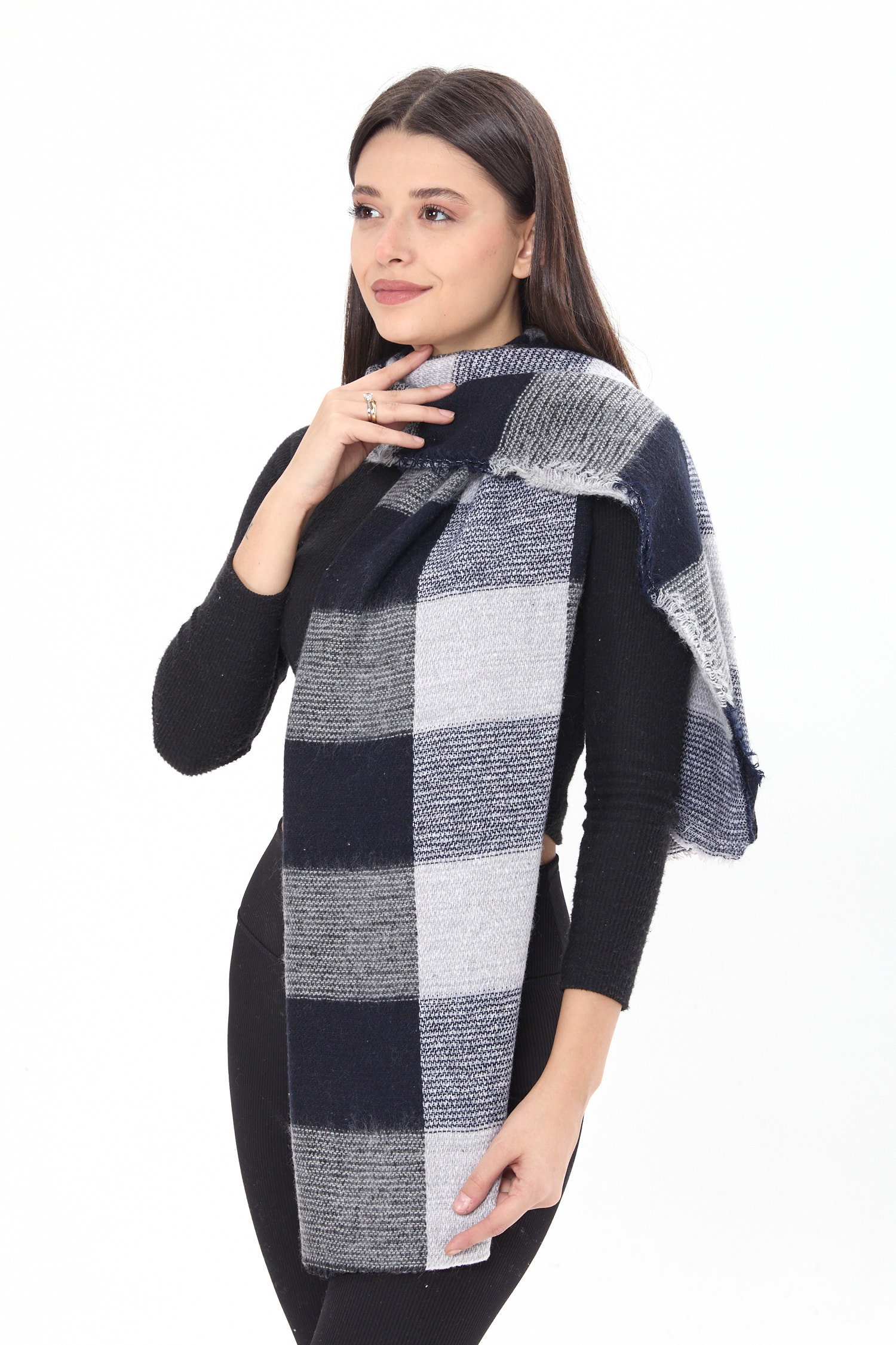 23884-LACIVERT-GRI Çift Taraflı Omuz Şalı - 2