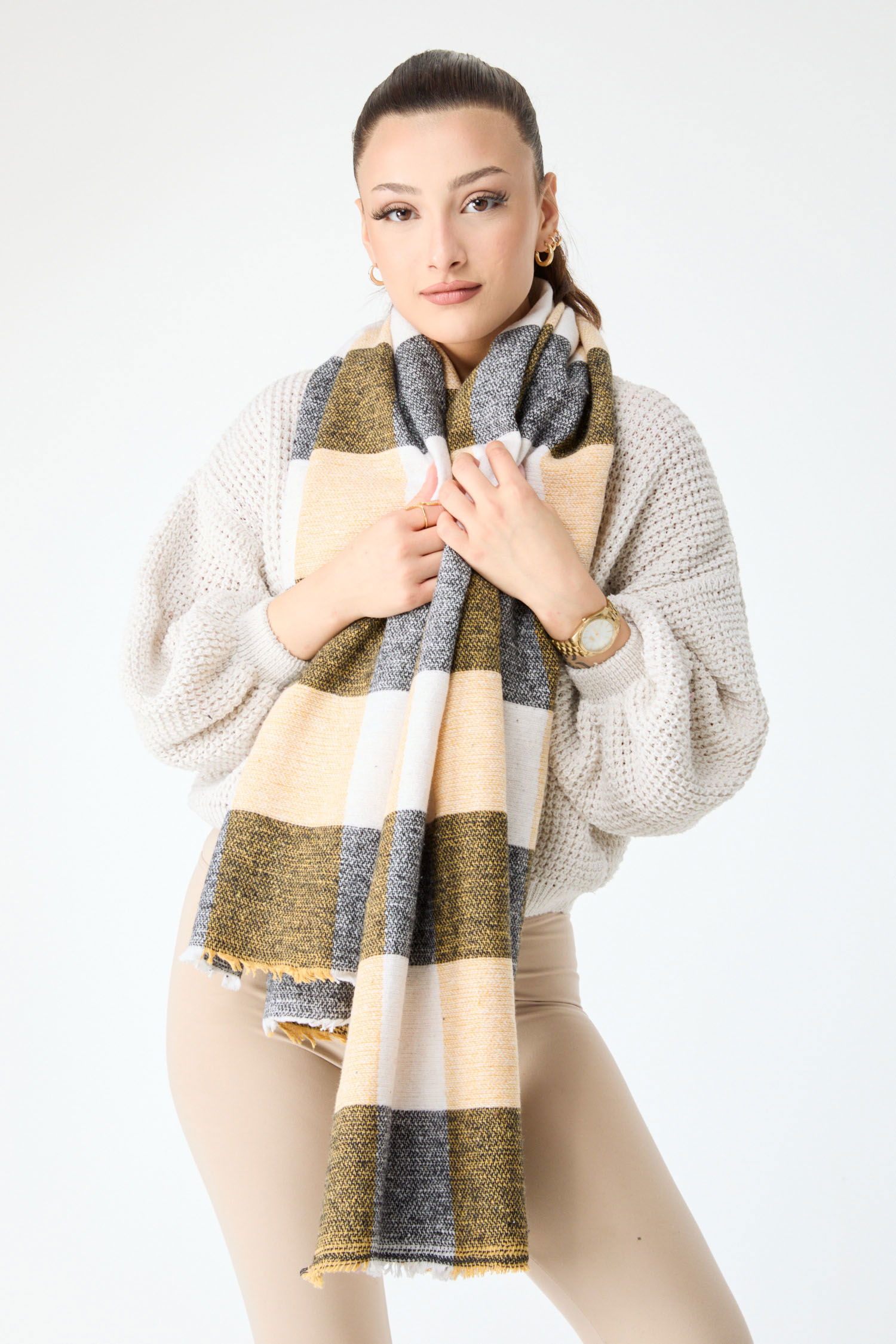 23884-SARI Çift Taraflı Omuz Şalı - 3