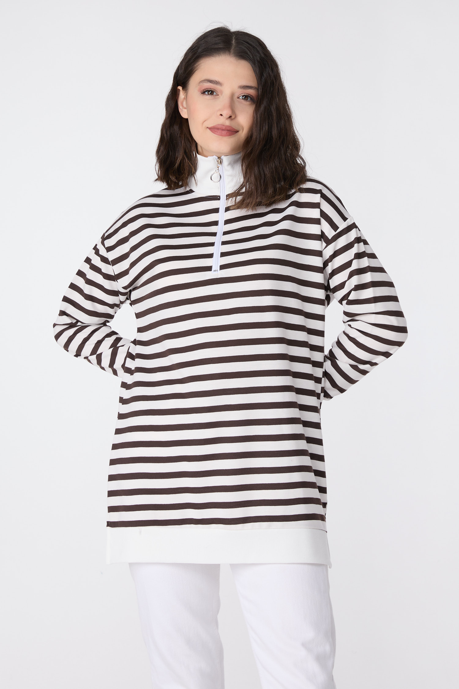 23892-KAHVE Çizgili Sweat - 1