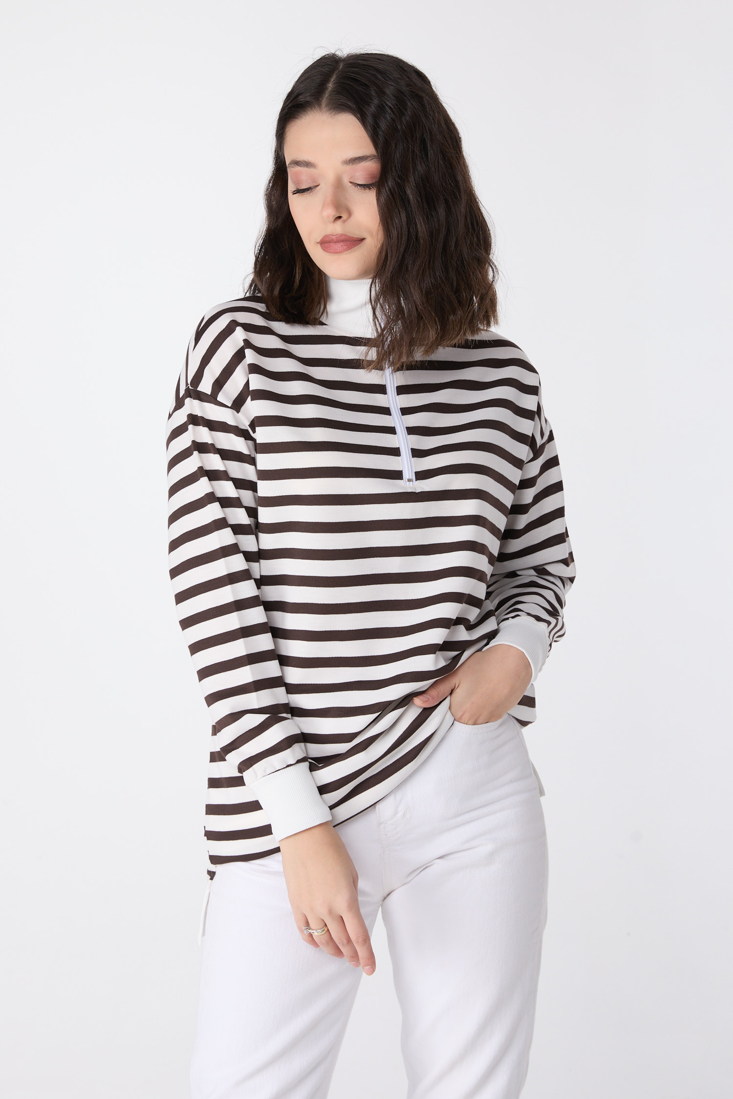 23892-KAHVE Çizgili Sweat - 2