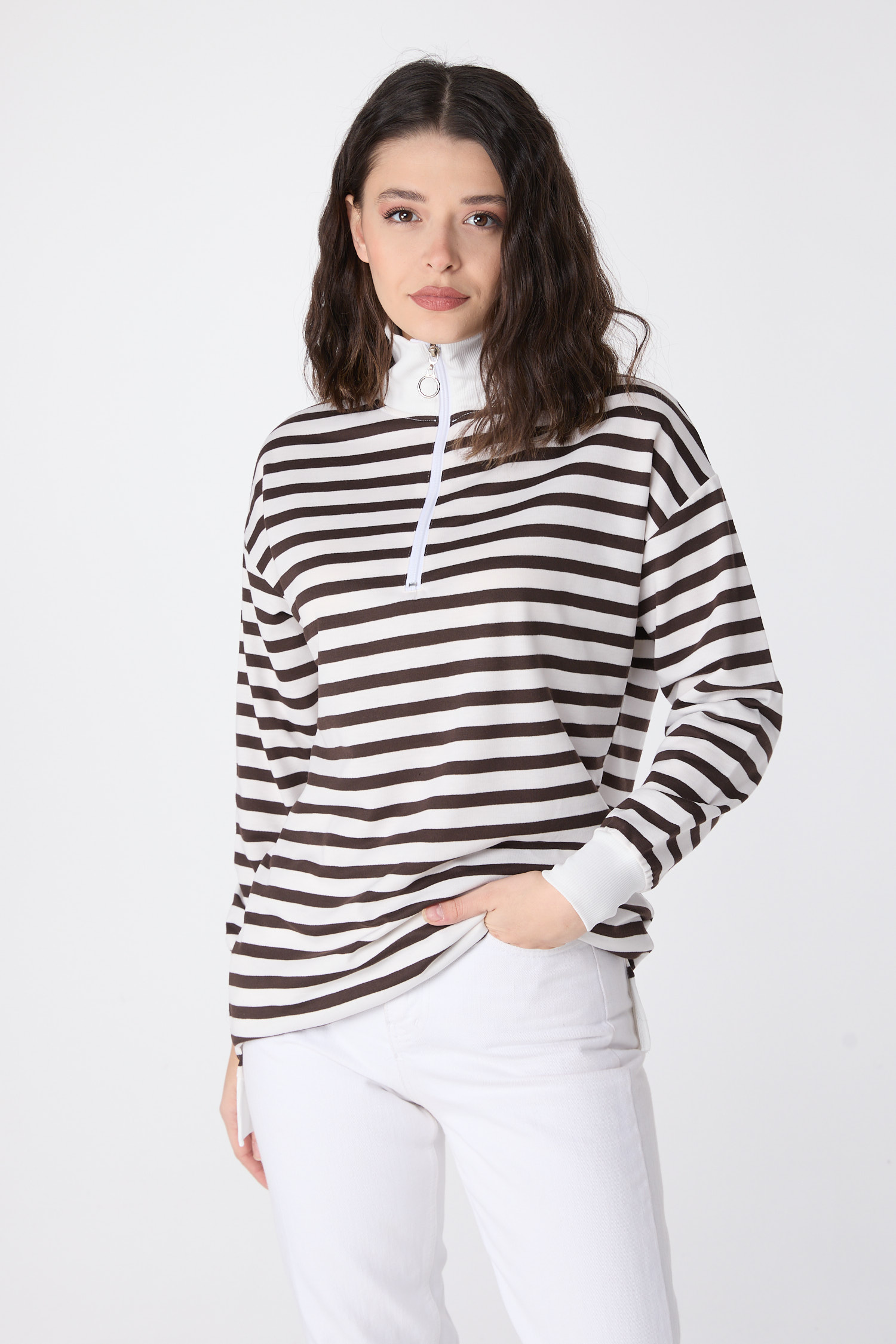 23892-KAHVE Çizgili Sweat - 3
