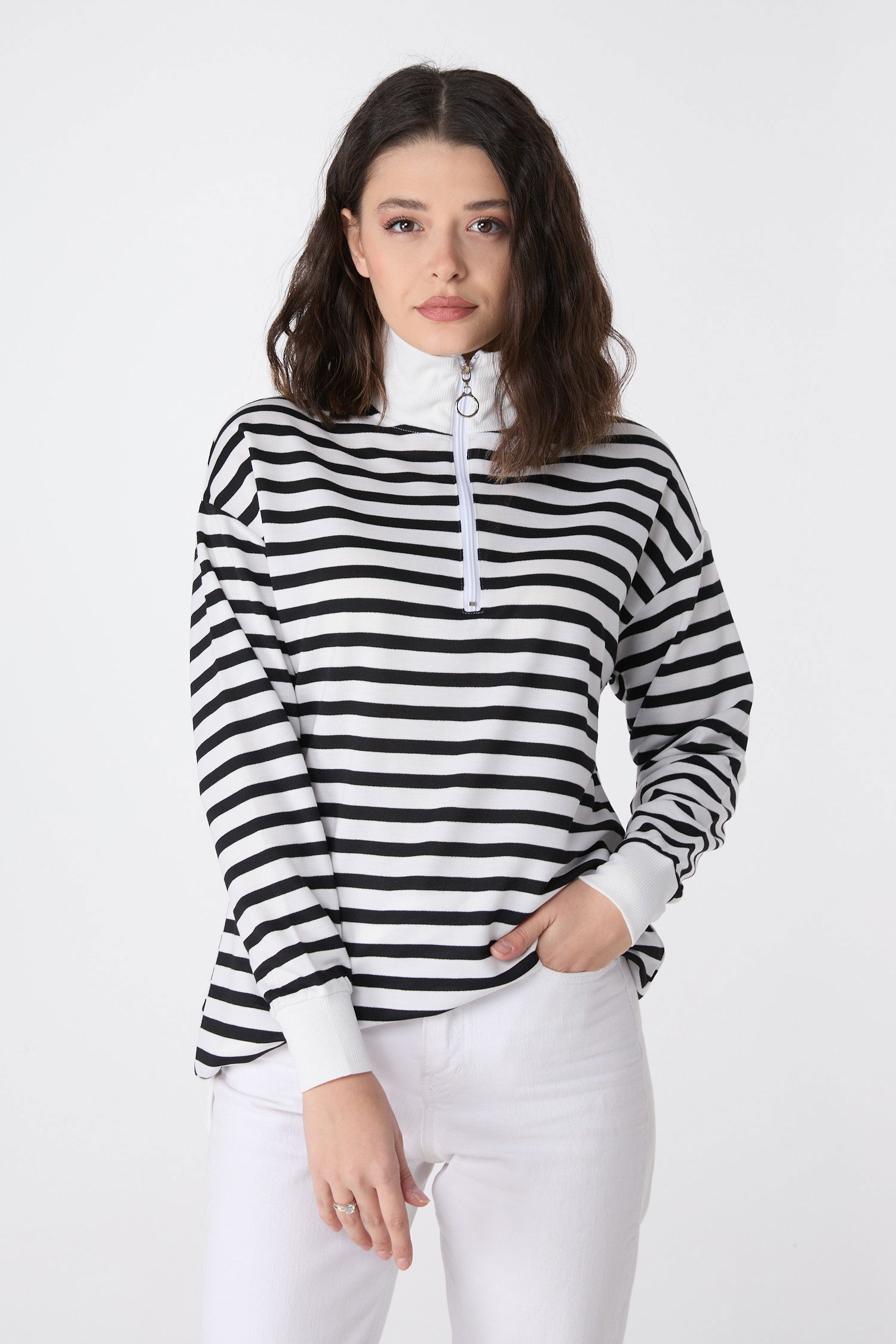23892-SIYAH Çizgili Sweat - 1