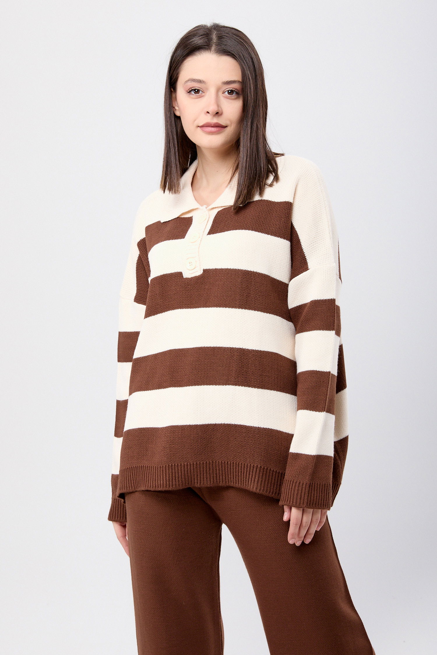 23895-KAHVE-KREM Çizgili Triko Takım - 2