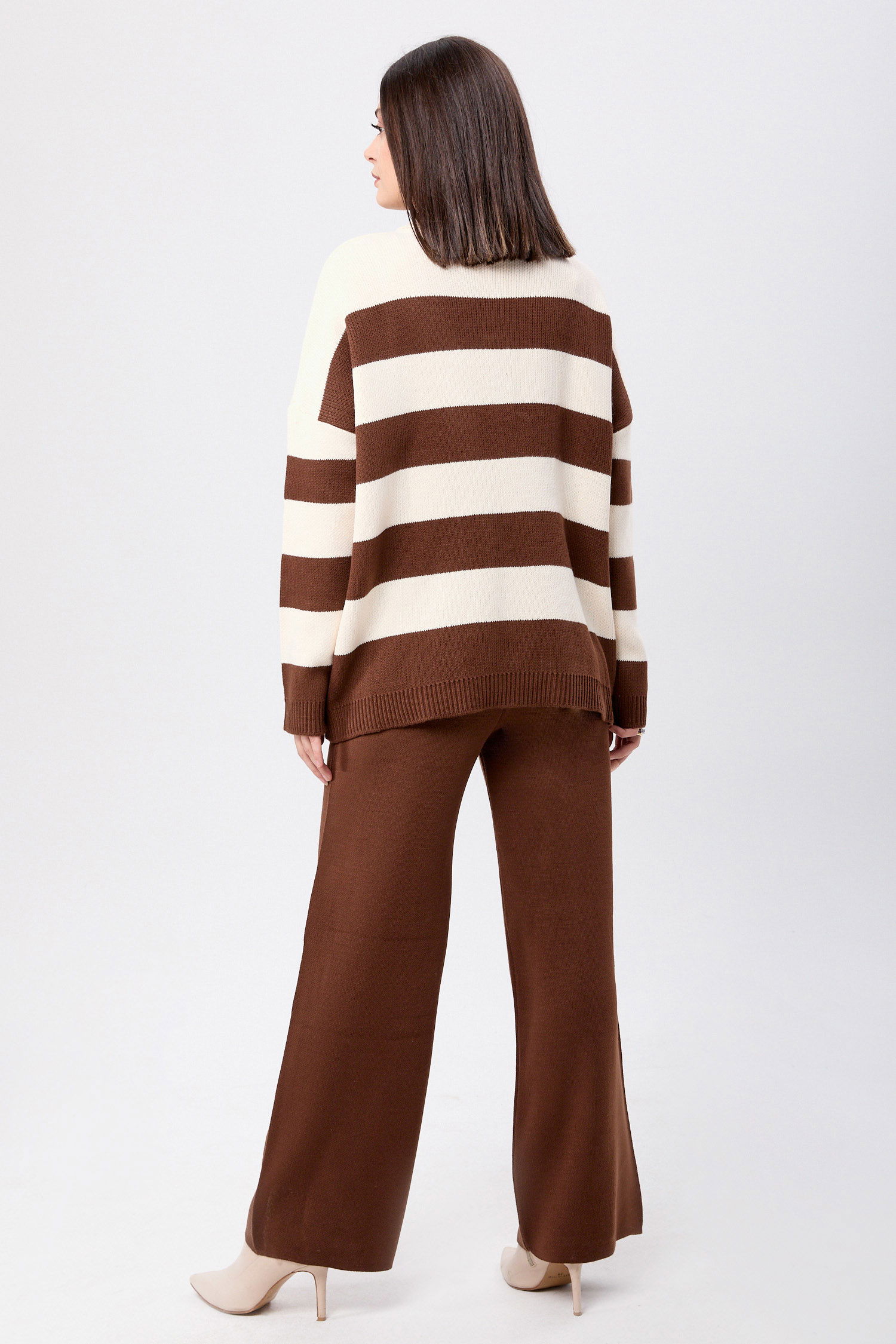 23895-KAHVE-KREM Çizgili Triko Takım - 5