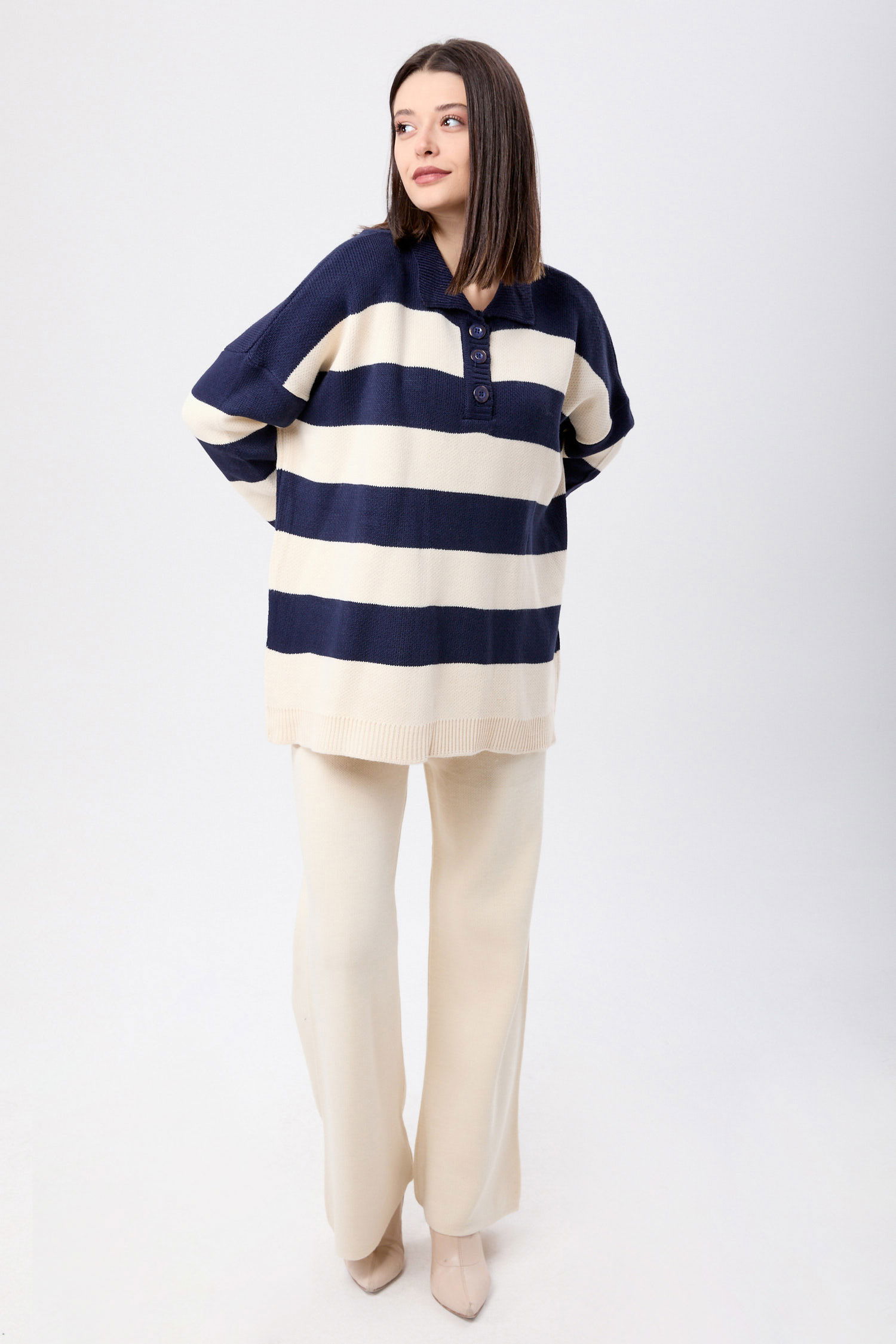 23895-LACIVERT-KREM Triko Tunik Pantolon - 1