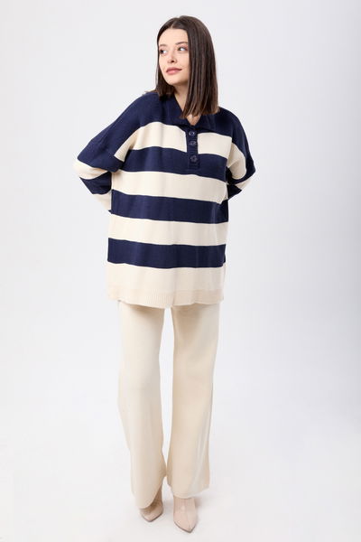 23895-LACIVERT-KREM Triko Tunik Pantolon 