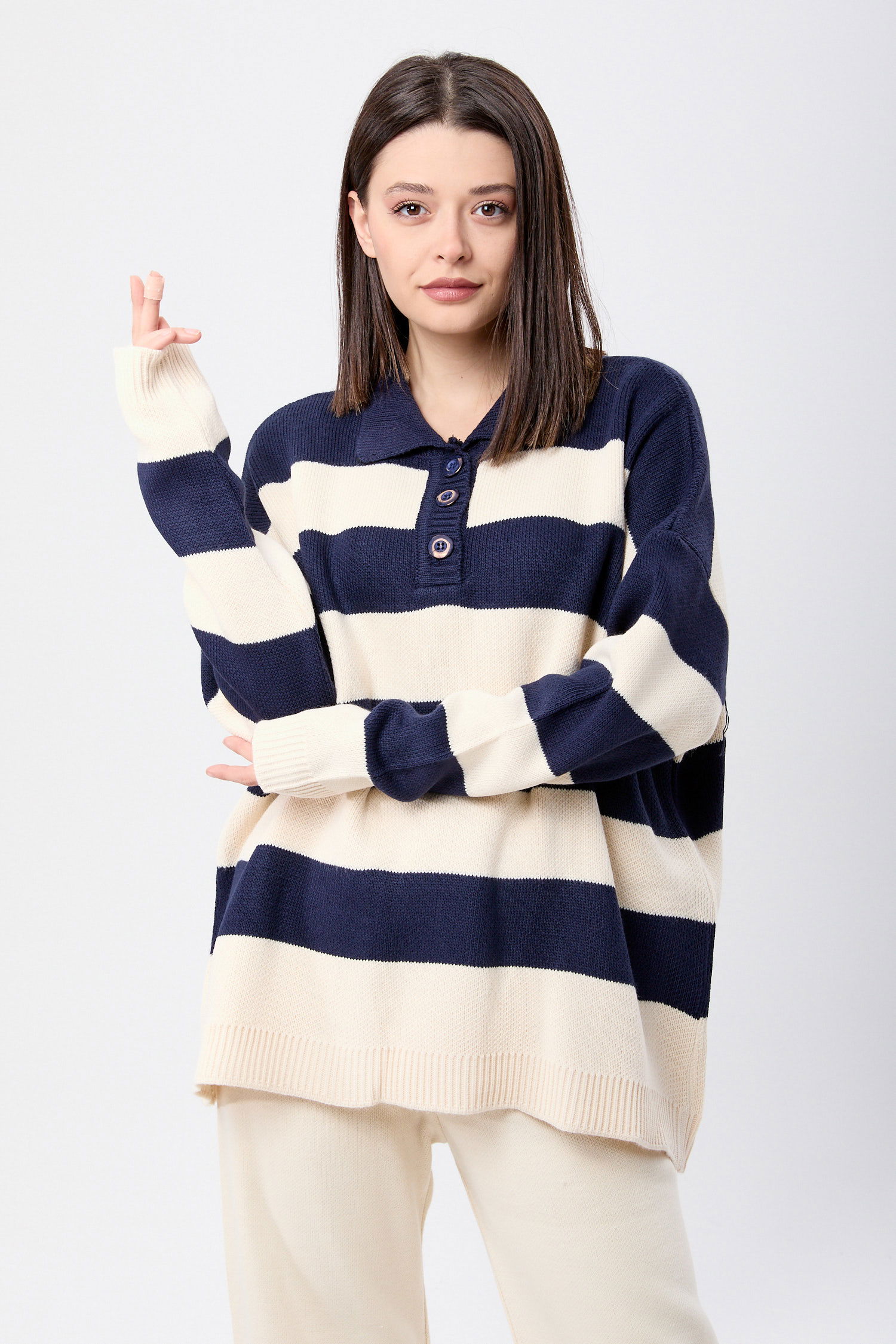 23895-LACIVERT-KREM Triko Tunik Pantolon - 2