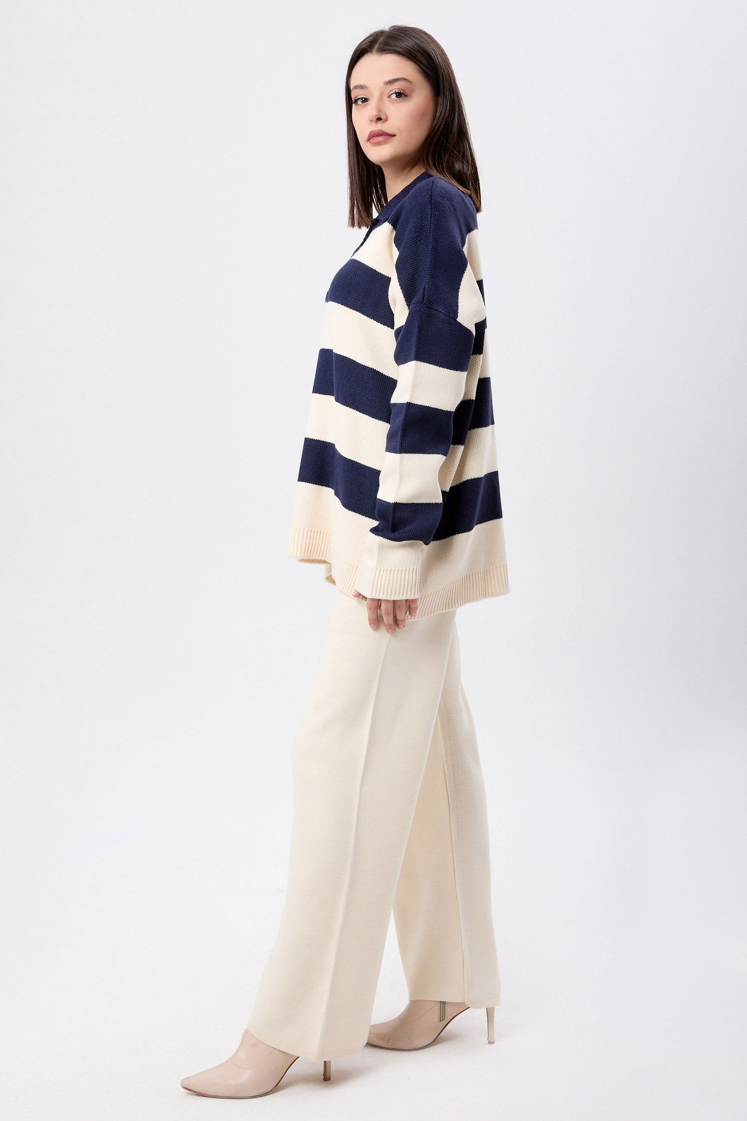 23895-LACIVERT-KREM Triko Tunik Pantolon - 3