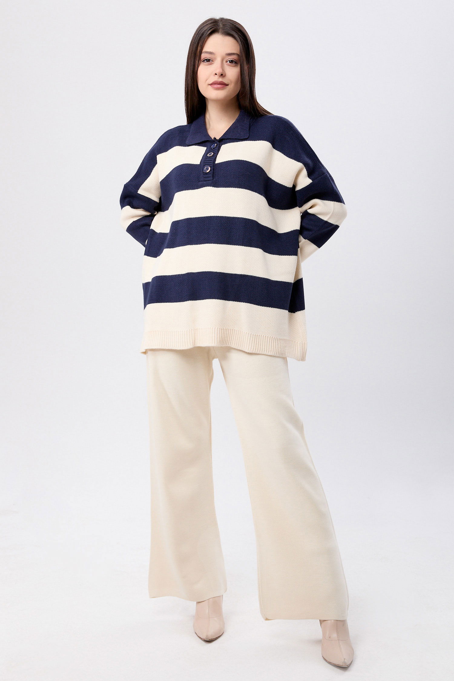 23895-LACIVERT-KREM Triko Tunik Pantolon - 4
