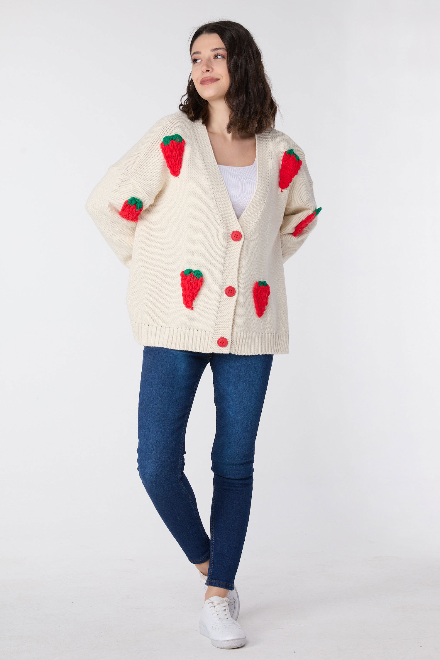 23919-KREM Çilek Motifli Oversize Triko Hırka - 2