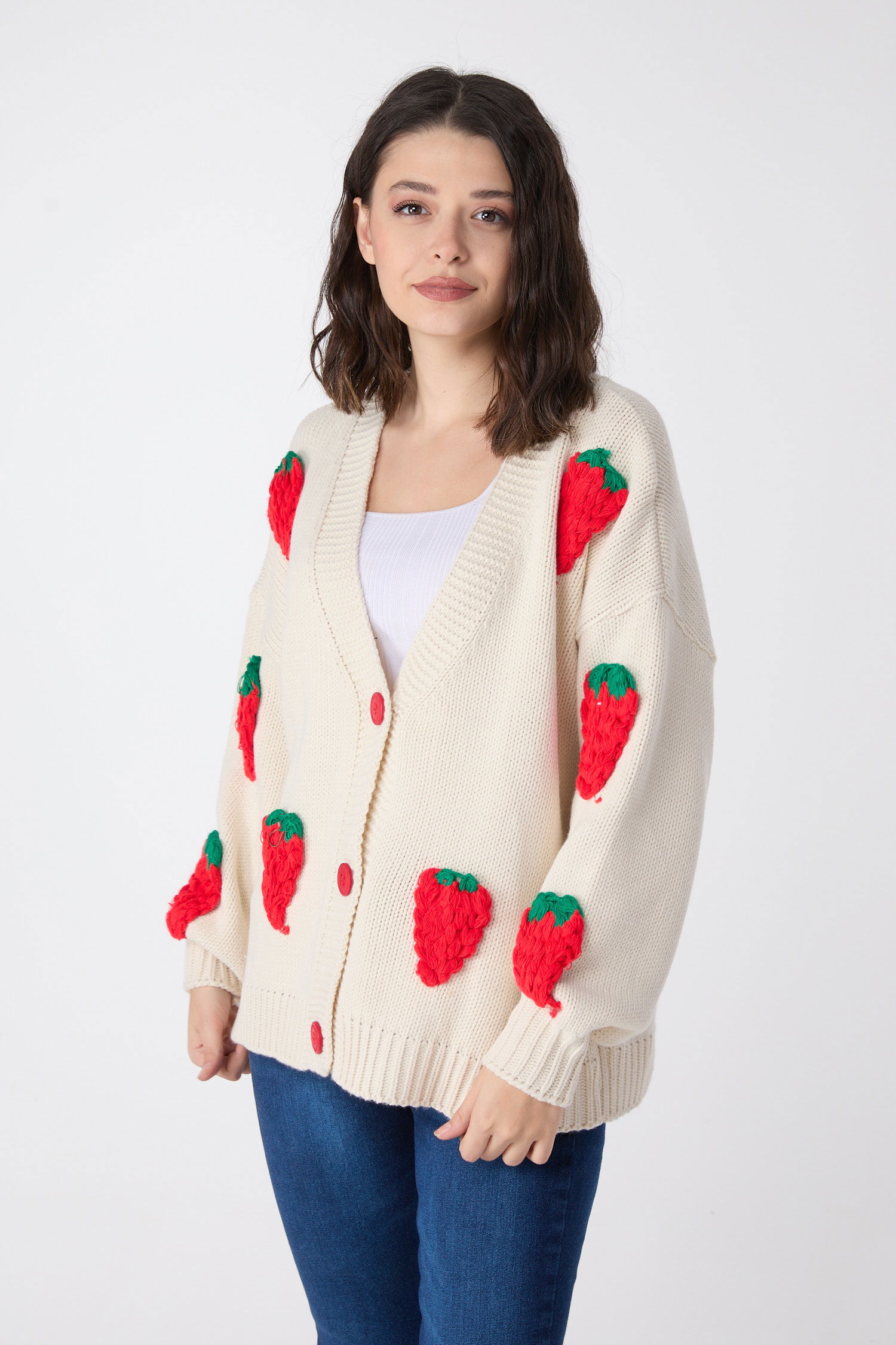 23919-KREM Çilek Motifli Oversize Triko Hırka - 3