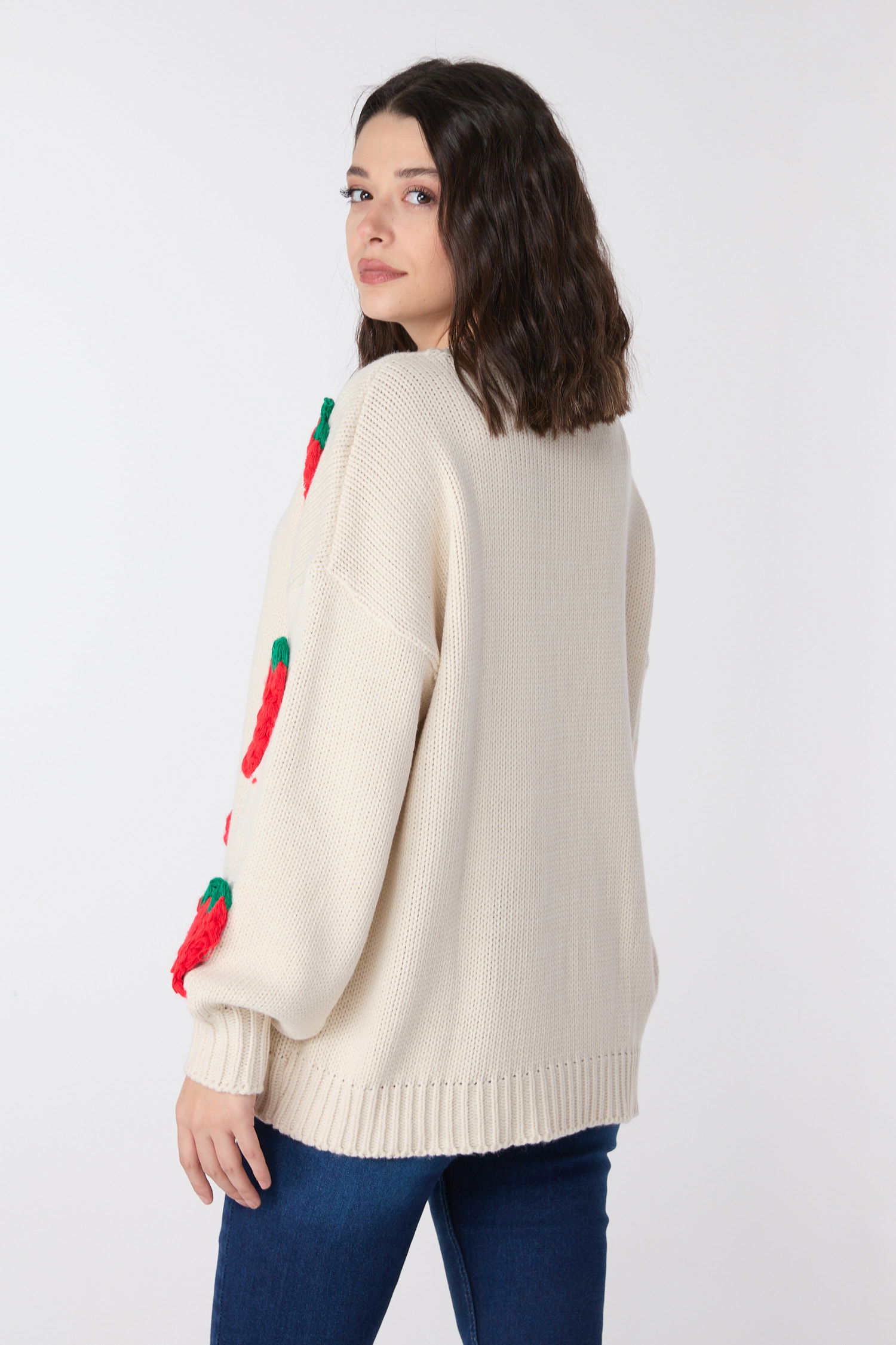 23919-KREM Çilek Motifli Oversize Triko Hırka - 5