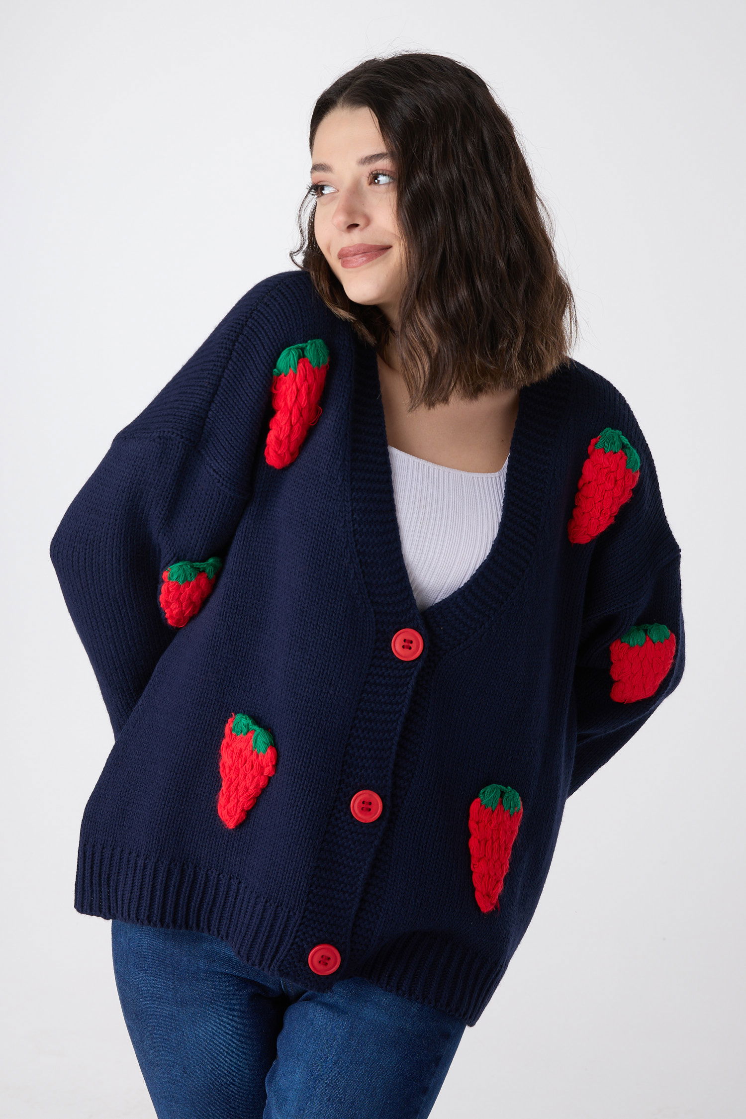 23919-LACIVERT Çilek Motifli Oversize Triko Hırka - 1