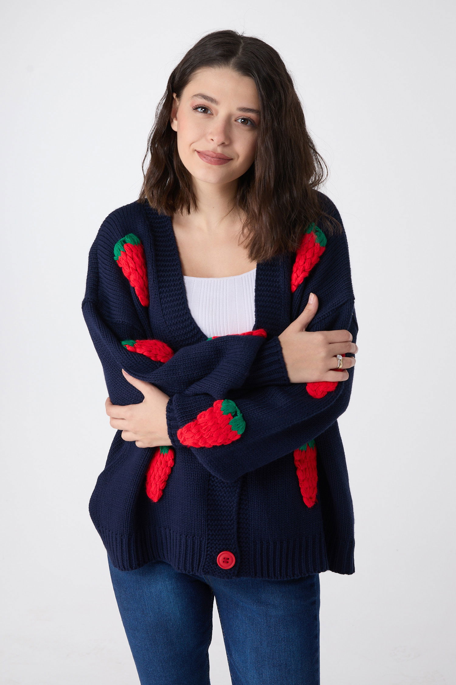 23919-LACIVERT Çilek Motifli Oversize Triko Hırka - 2