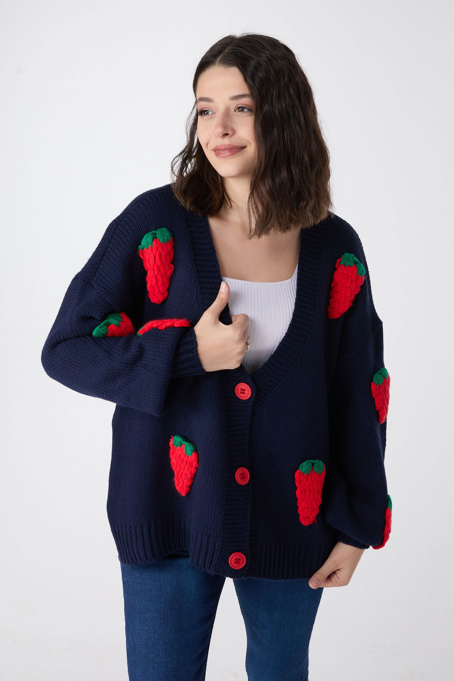 23919-LACIVERT Çilek Motifli Oversize Triko Hırka - 3