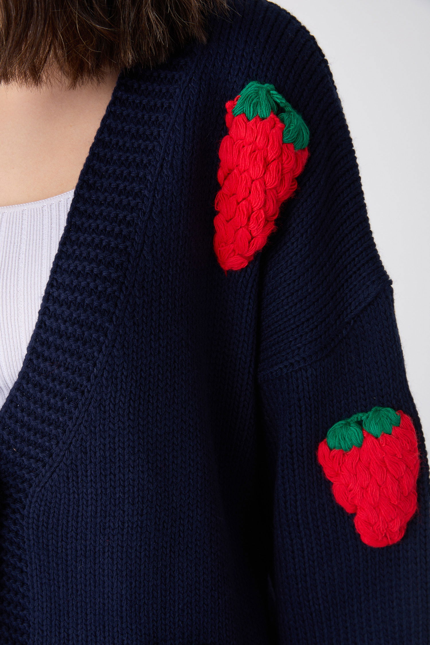 23919-LACIVERT Çilek Motifli Oversize Triko Hırka - 4