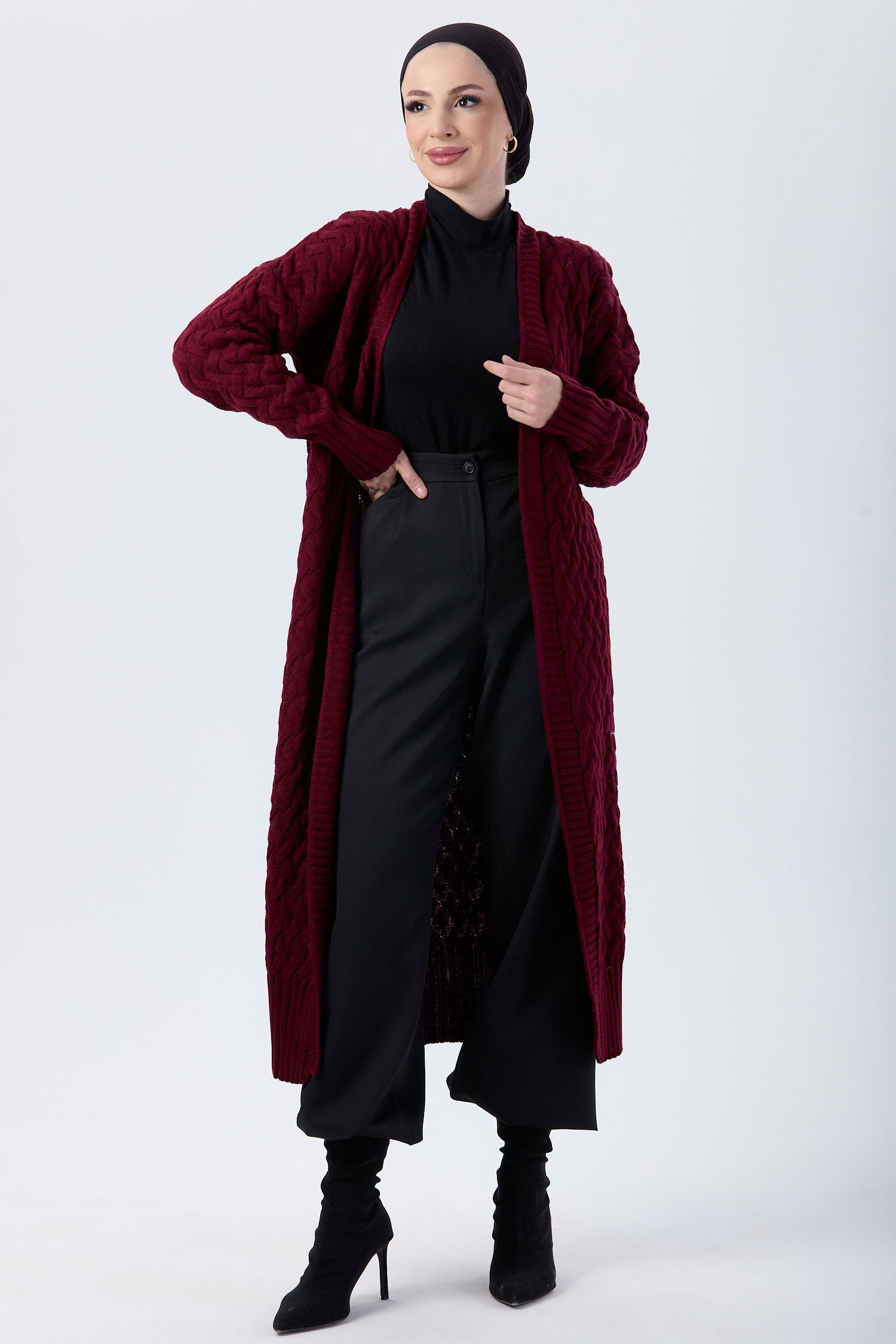 23921-BORDO Triko Hırka - 1