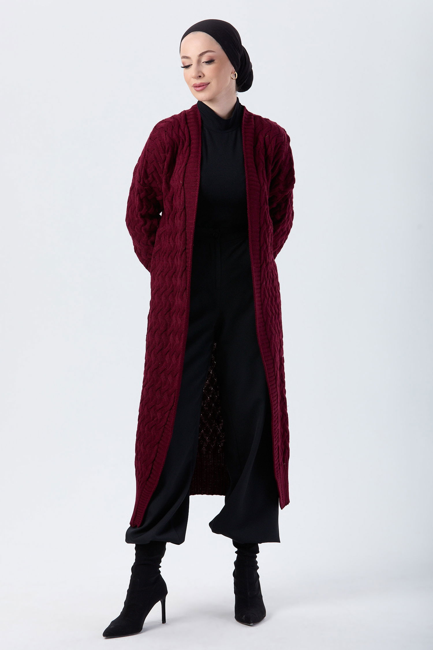 23921-BORDO Triko Hırka - 4