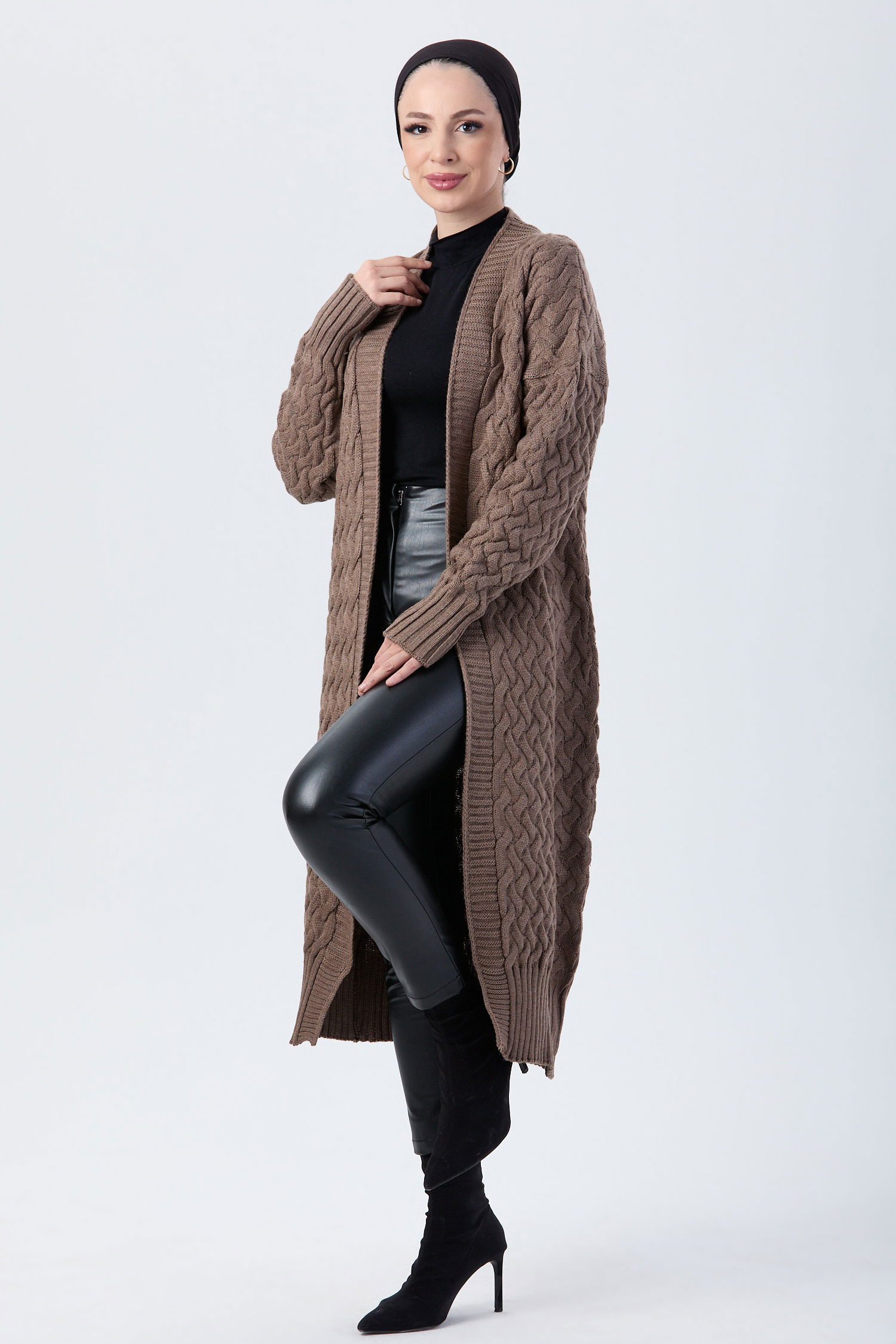 23921-SUTLU-KAHVE Sepet Örgü Triko Hırka - 1