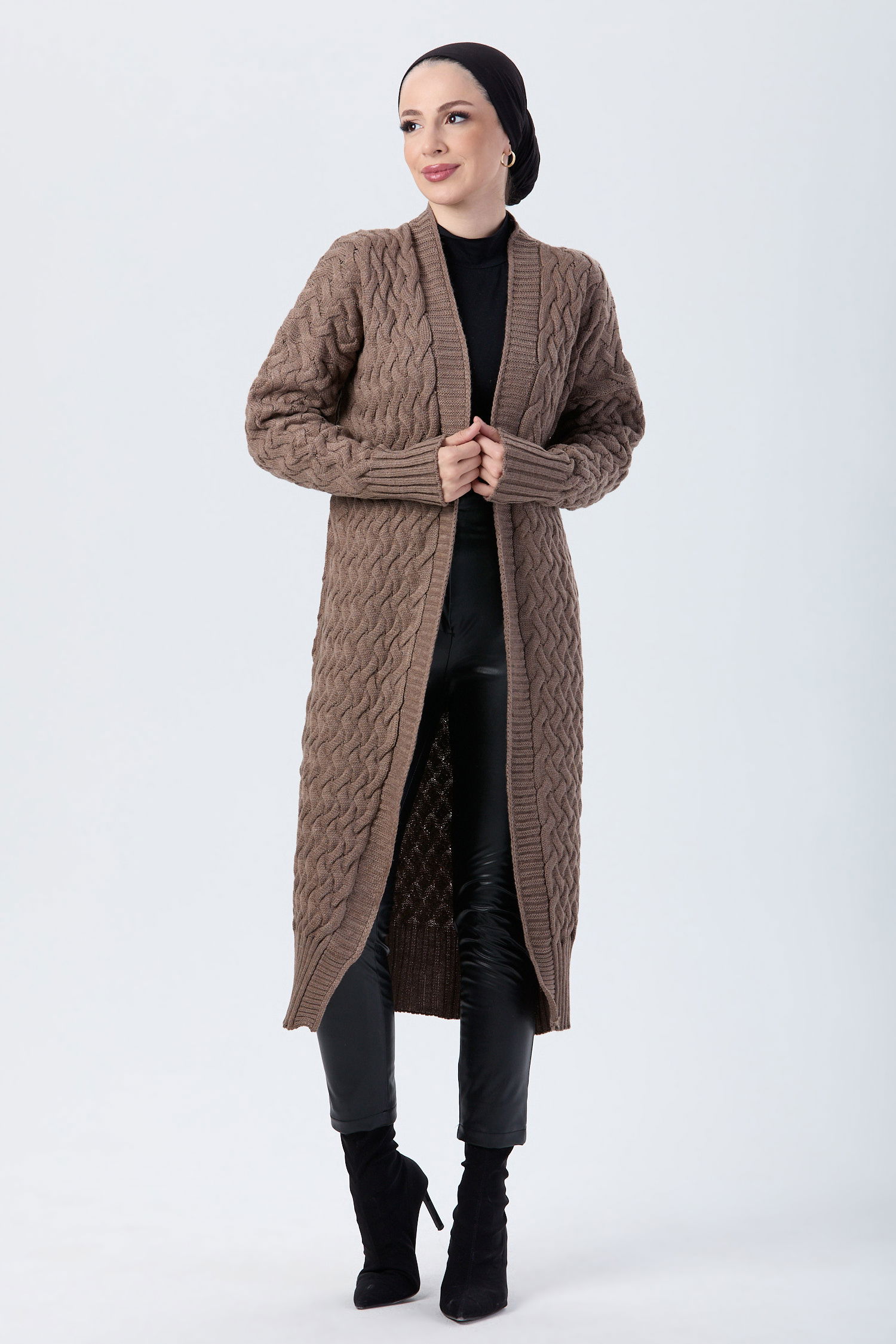 23921-SUTLU-KAHVE Sepet Örgü Triko Hırka - 2