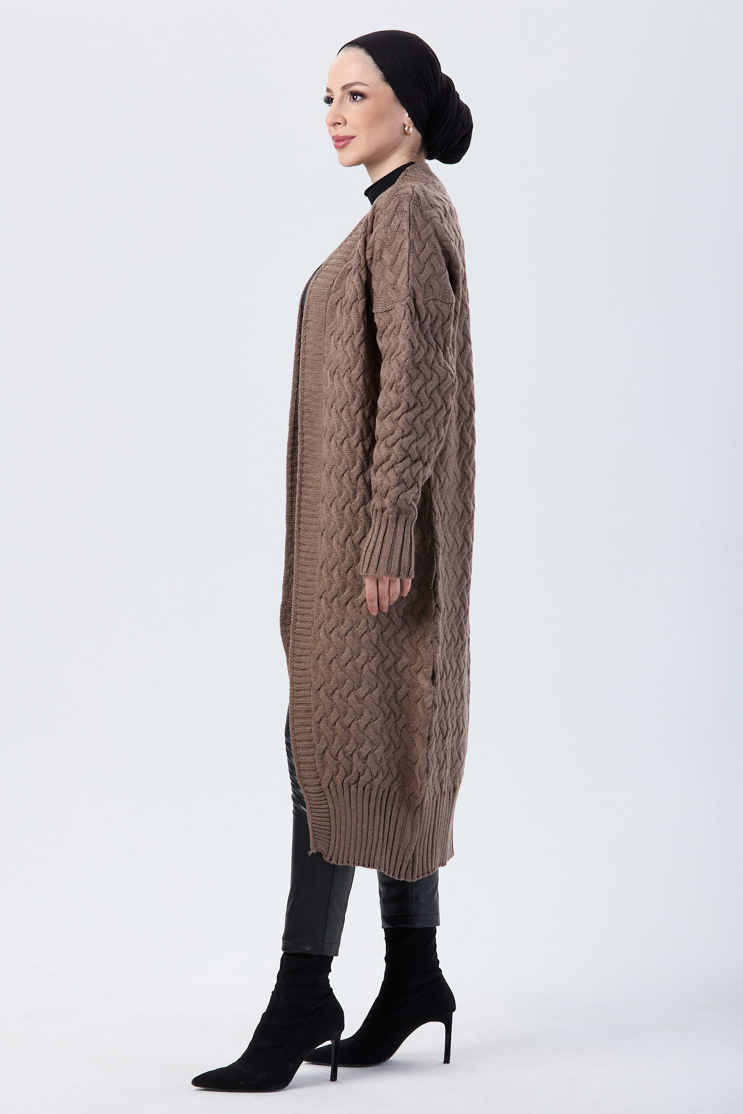 23921-SUTLU-KAHVE Sepet Örgü Triko Hırka - 3