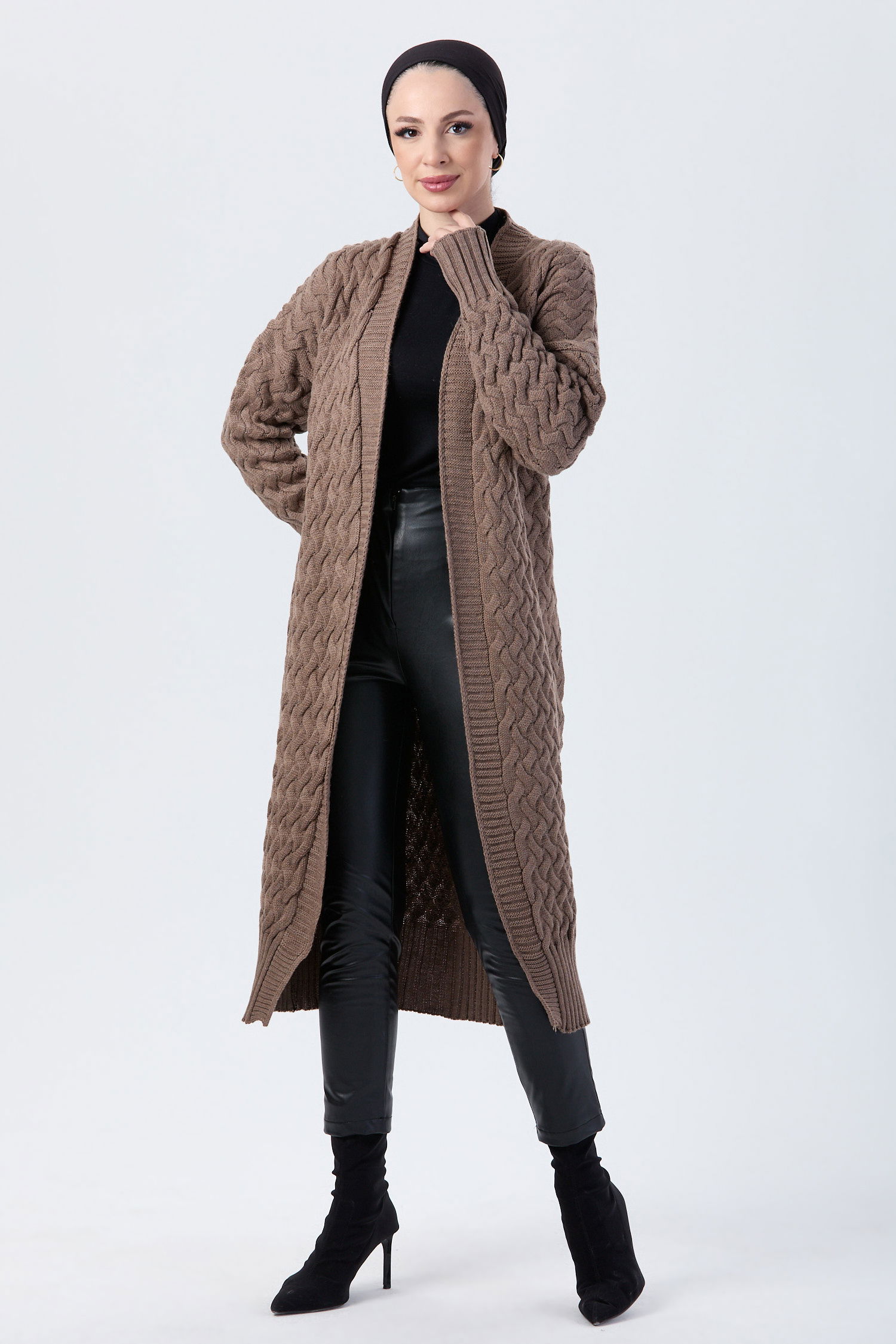 23921-SUTLU-KAHVE Sepet Örgü Triko Hırka - 4