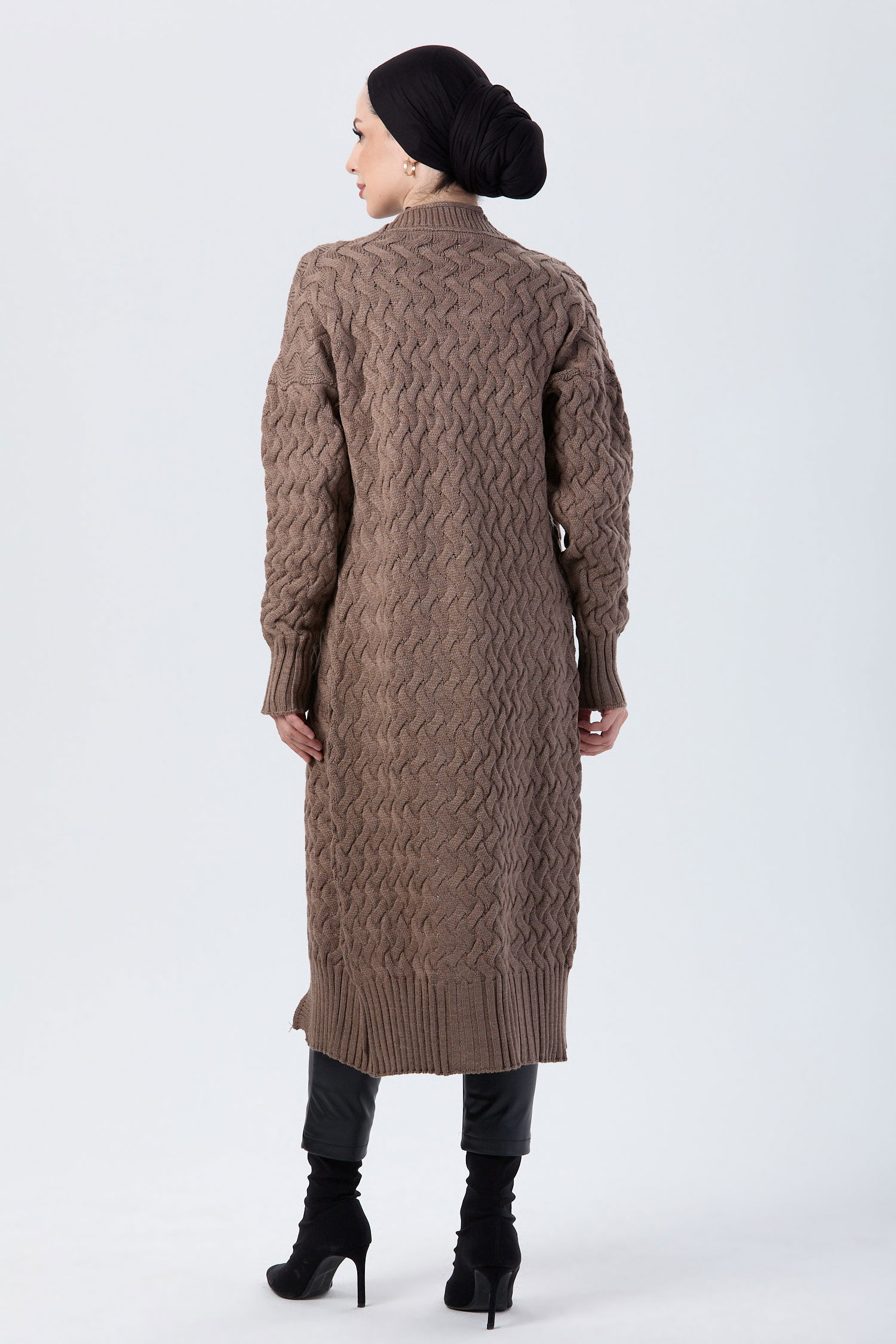 23921-SUTLU-KAHVE Sepet Örgü Triko Hırka - 6