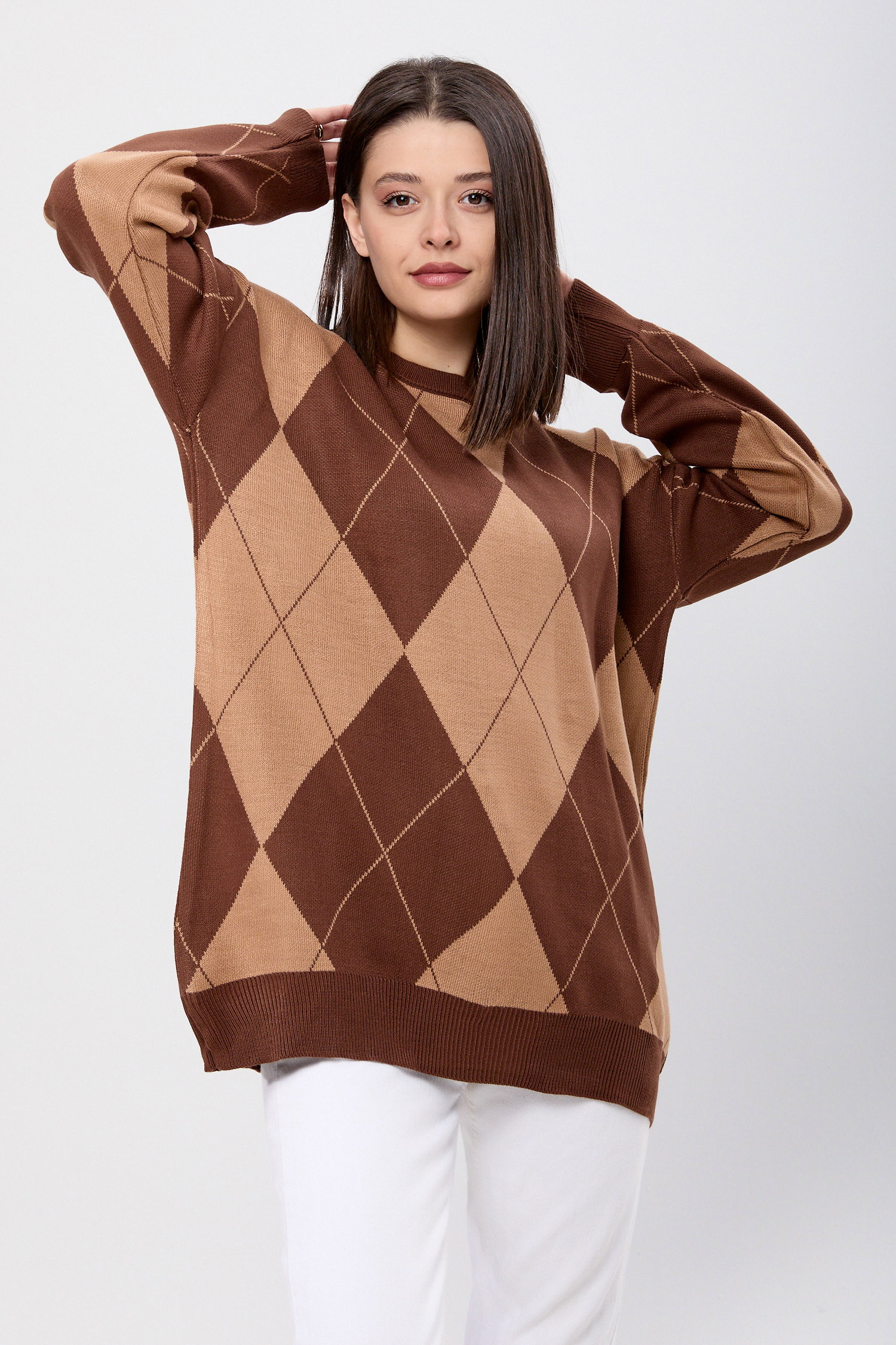 23924-KAHVE Baklava Desen Ekose Oversize Kazak - 1